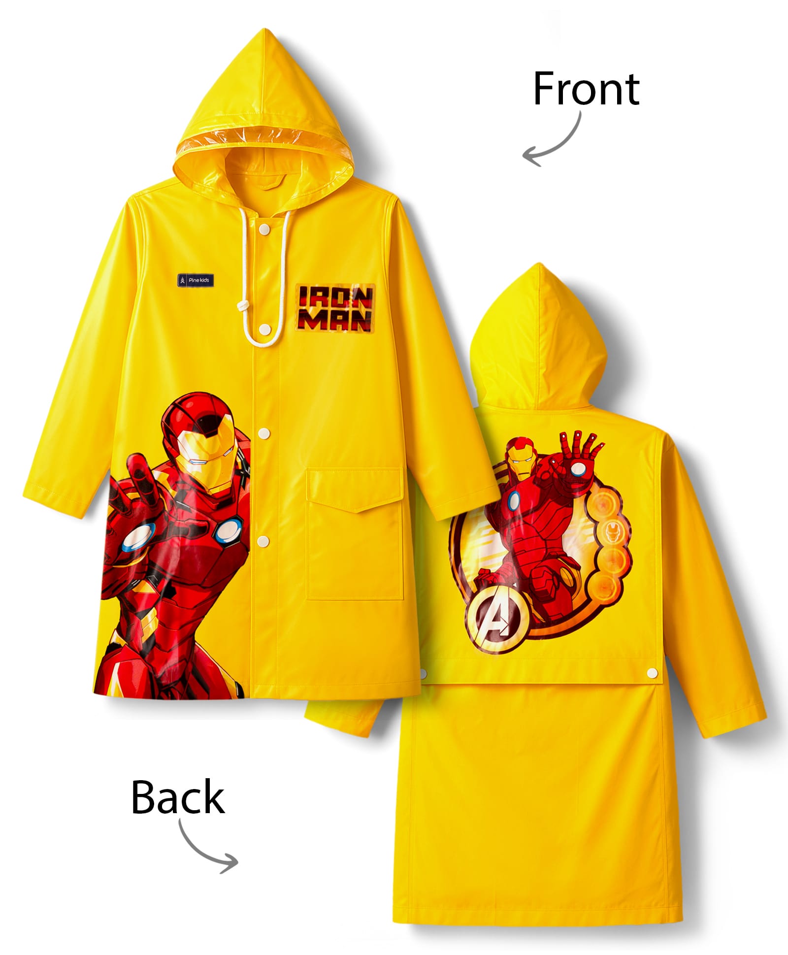 Pine Kids Marvel Full Sleeves Hooded Raincoat with Front & Back Ironman Graphics - Yellow