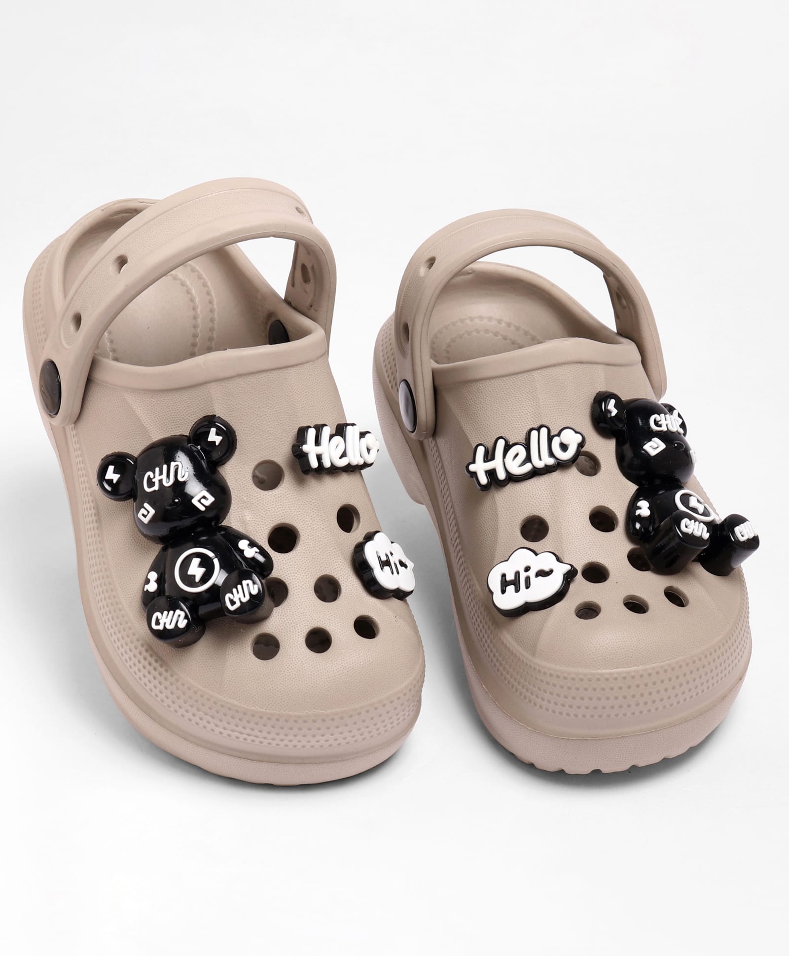 KIDLINGSS Teddy Bear Applique Detailed Perforated Clogs - Grey-image-16