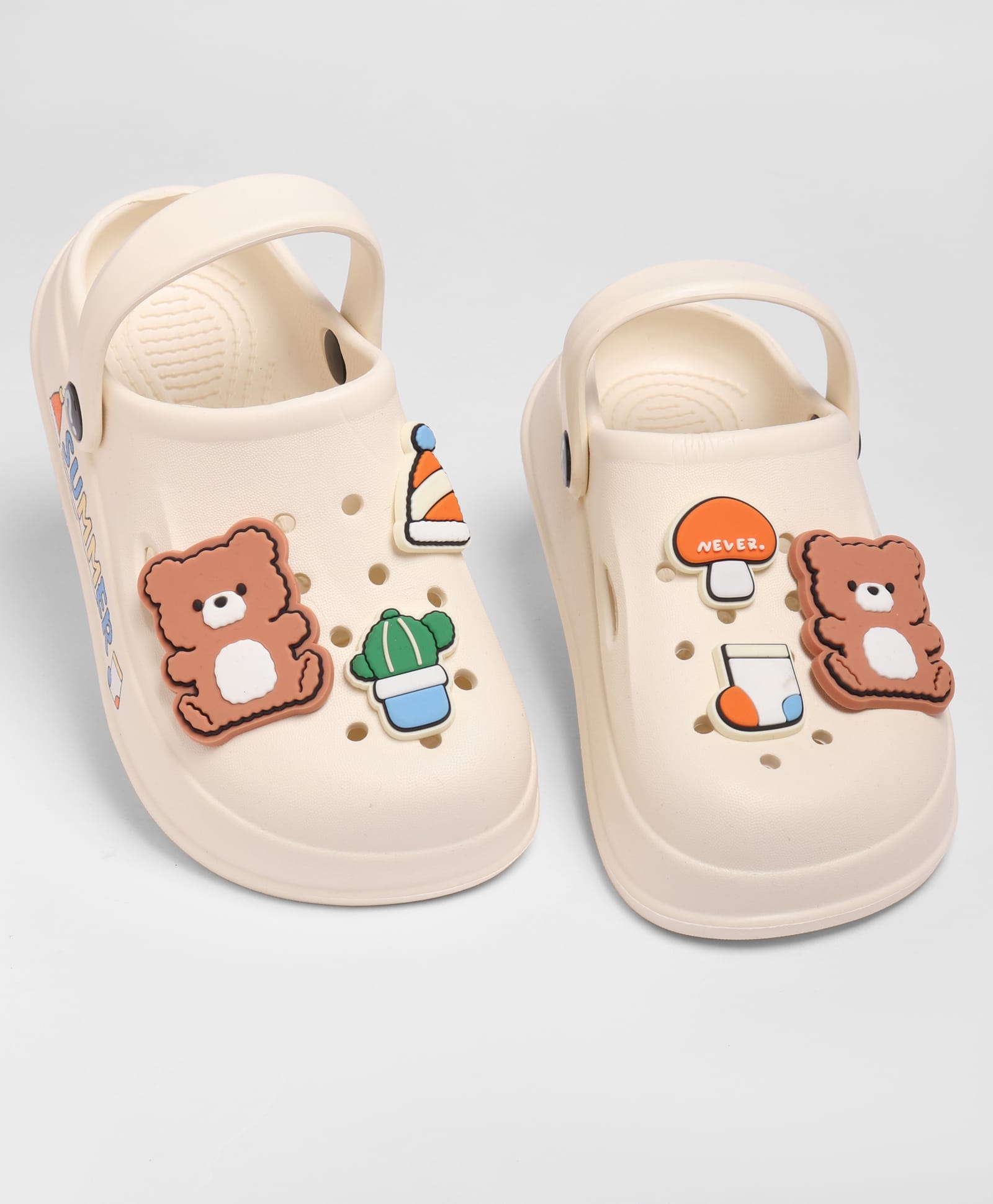 KIDLINGSS Teddy Bear & Mushroom Applique Detailed Perforated Slingback Clogs - White-picture-12