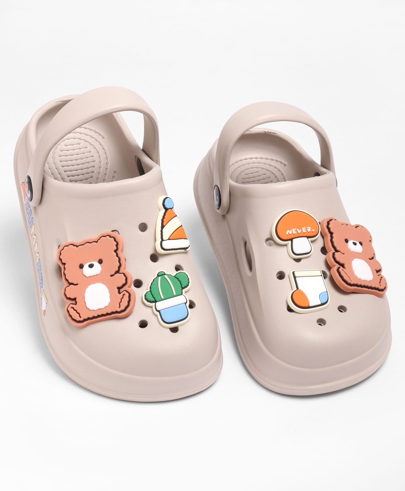 KIDLINGSS Teddy Bear & Mushroom Applique Detailed Perforated Slingback Clogs - Beige-image-14