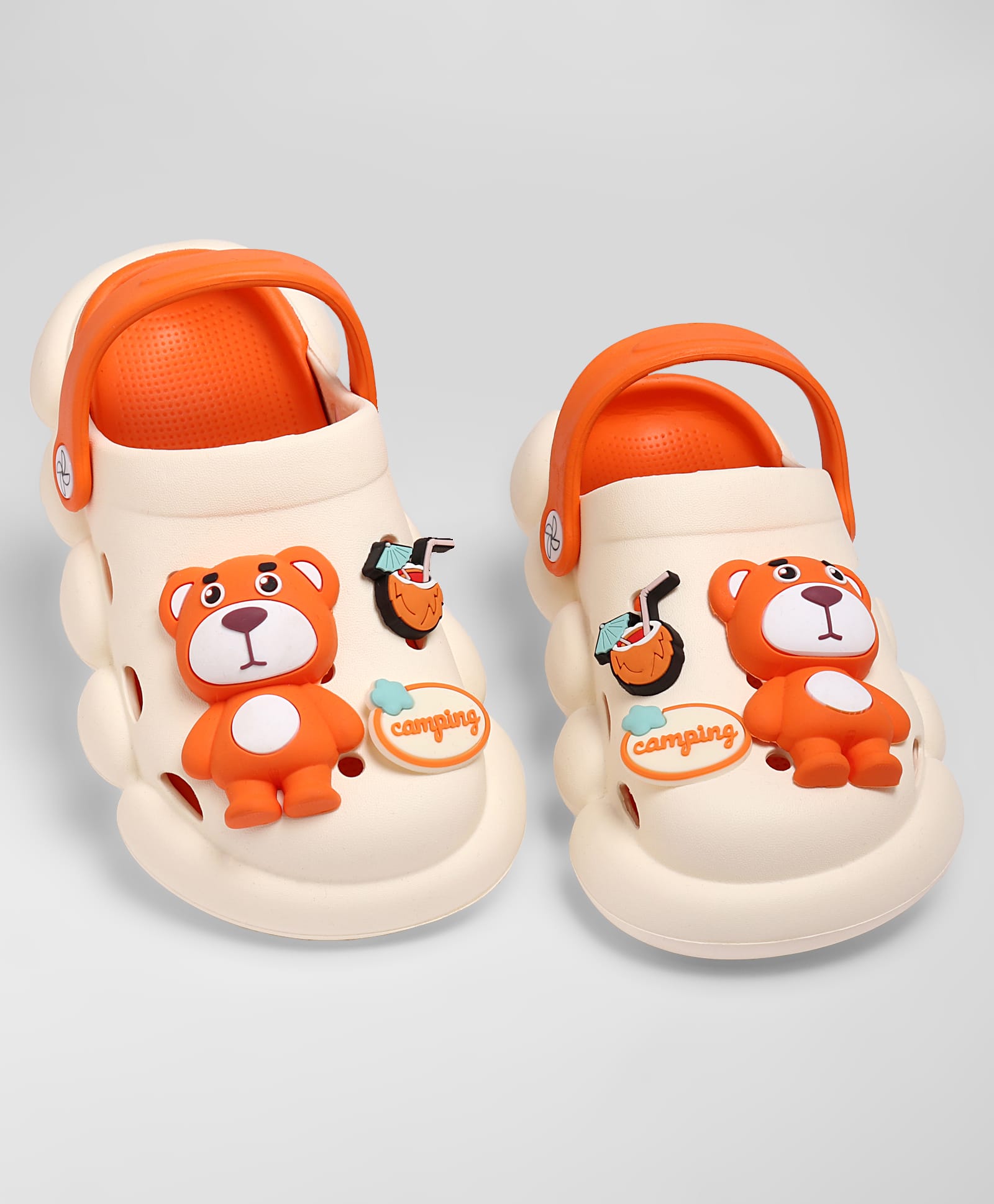 KIDLINGSS Bear Applique Detailed Perforated Clogs - White & Orange-image-23