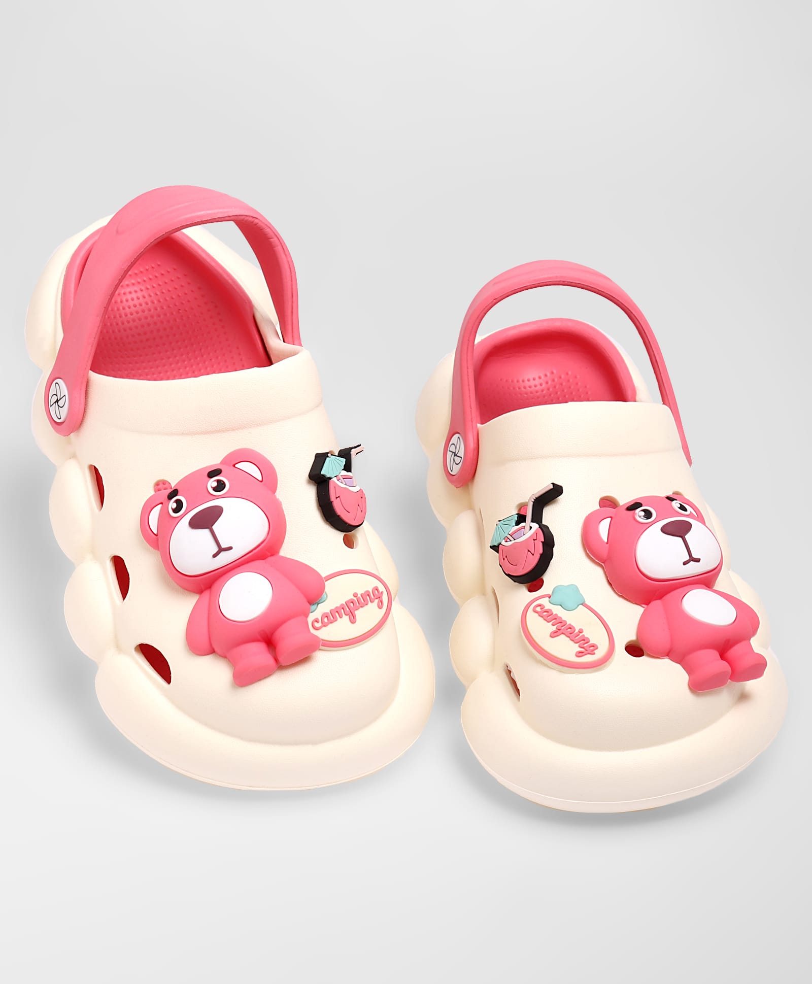 KIDLINGSS Bear Applique Detailed Perforated Clogs - White & Orange-picture-12