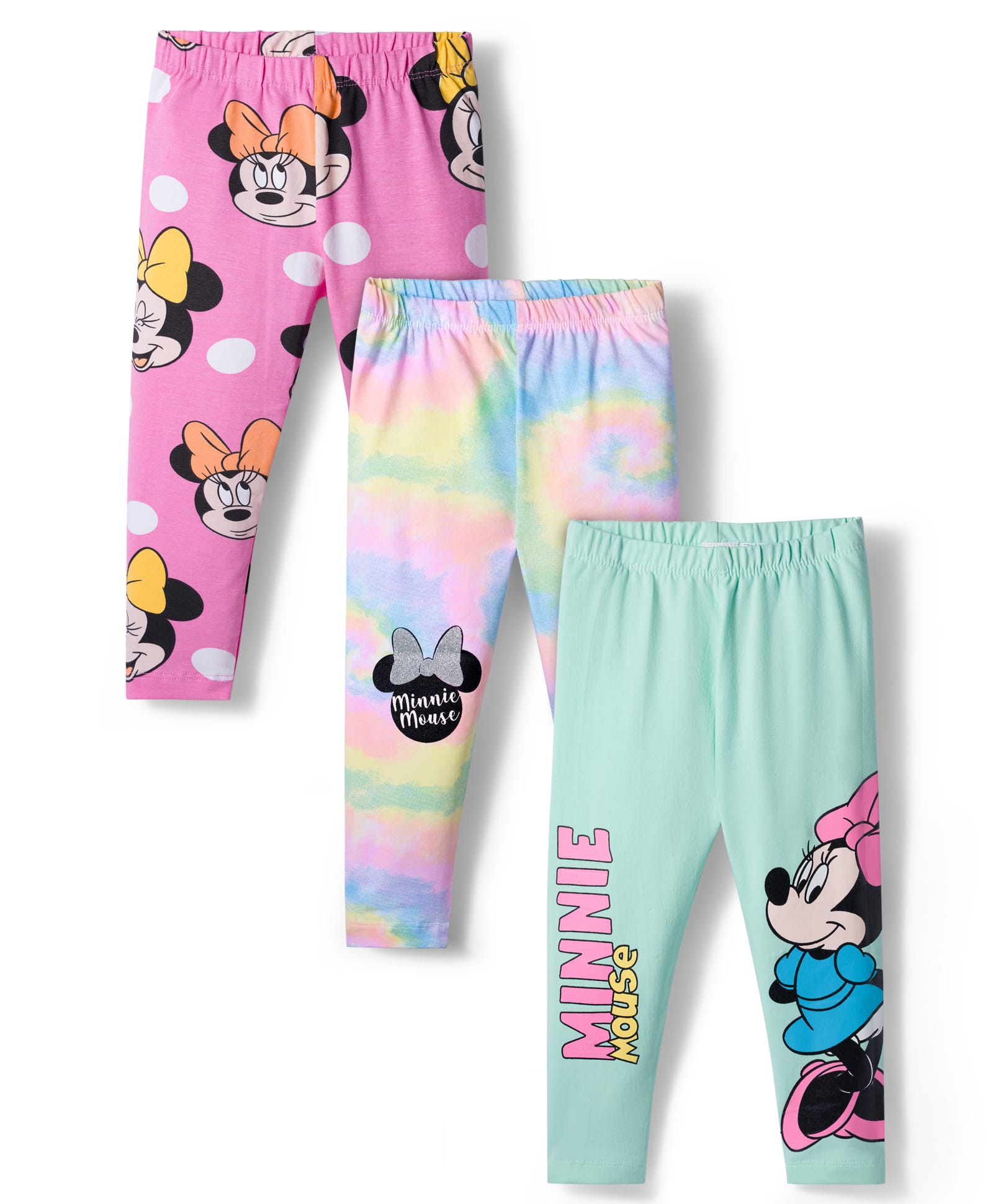 Babyhug Disney Lycra Knit Full Length Leggings With Minnie Mouse Graphics Pack of 3 - Pink & Light Green