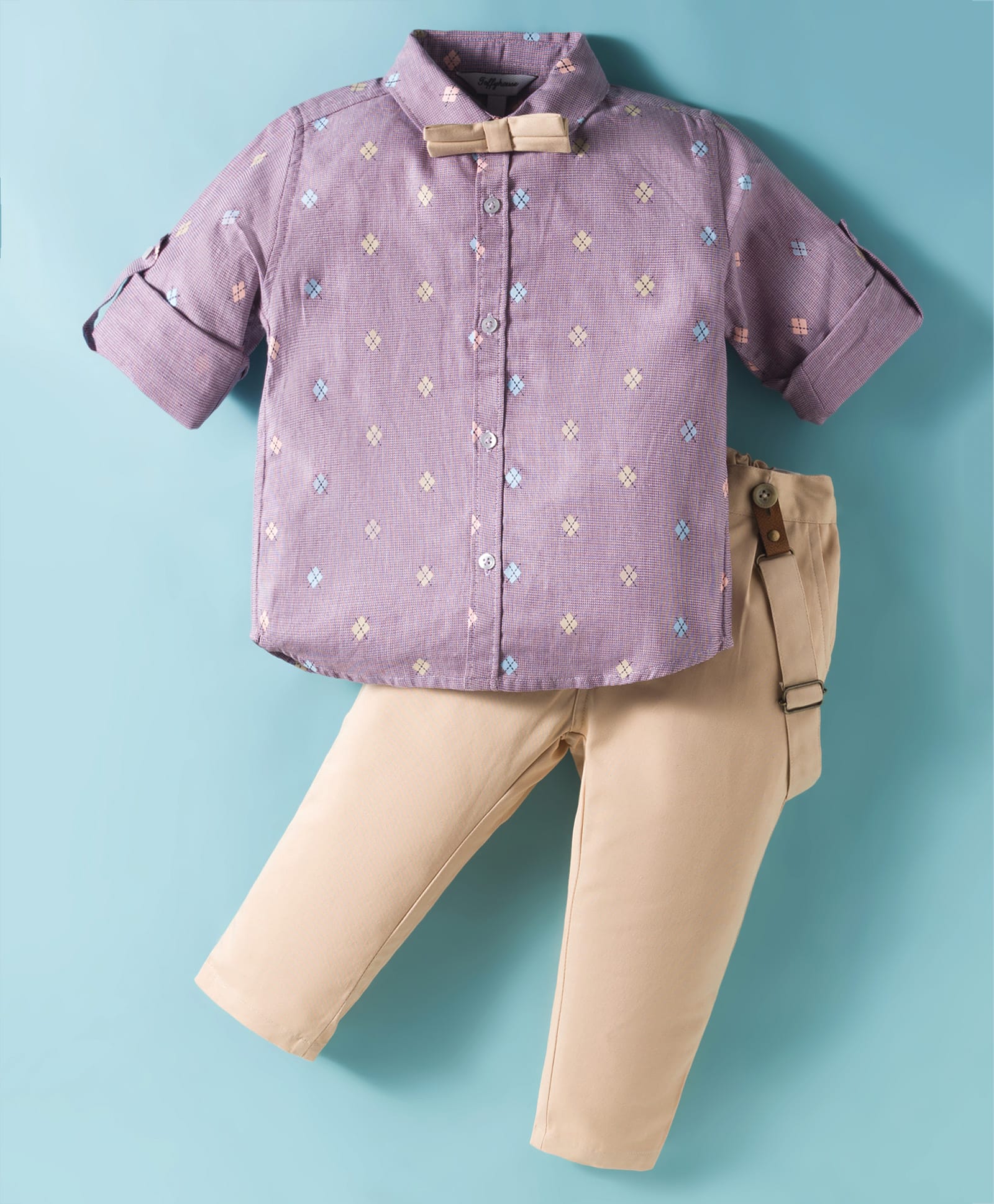 ToffyHouse Poplin Woven Full Sleeves Printed Party Shirt & Trouser Set With Bow & Suspender - Khaki-picture-41