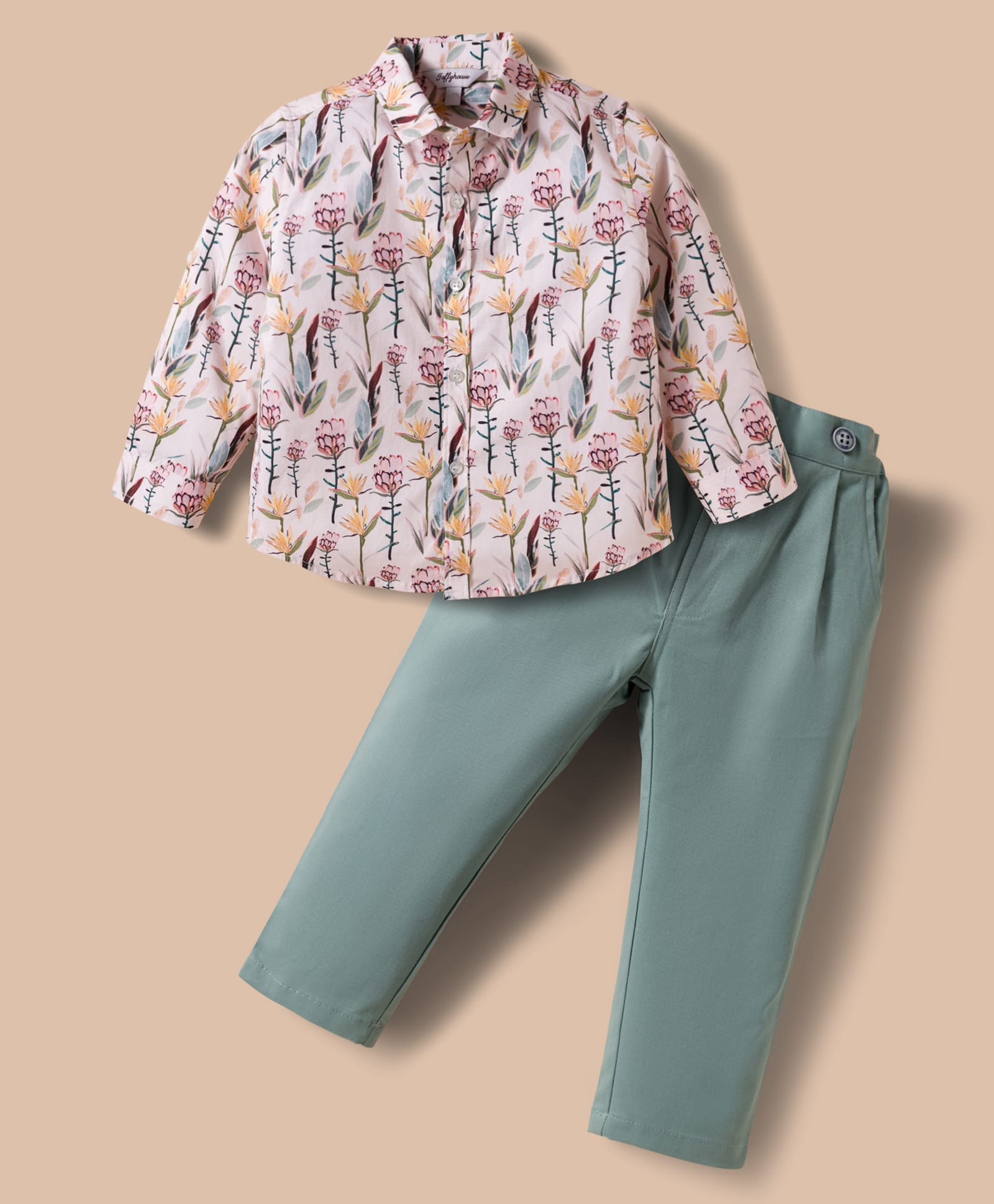ToffyHouse Poplin Woven Floral Printed Shirt & Trouser Set with Bow & Suspender - Teal Blue-image-8