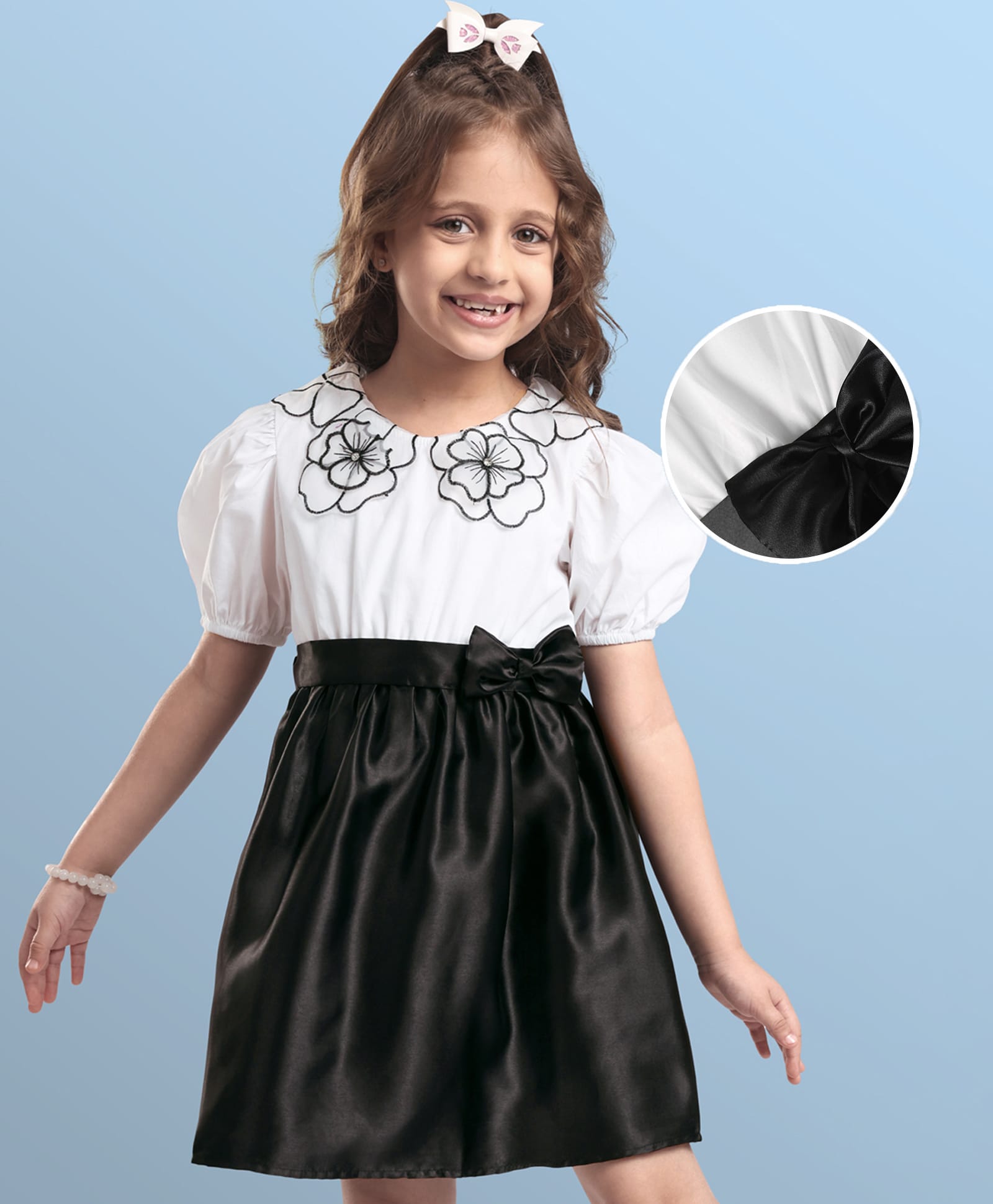 Hola Bonita Knit Half Sleeves Frock With Floral Embroidery & Bow Applique - Black & White-picture-27
