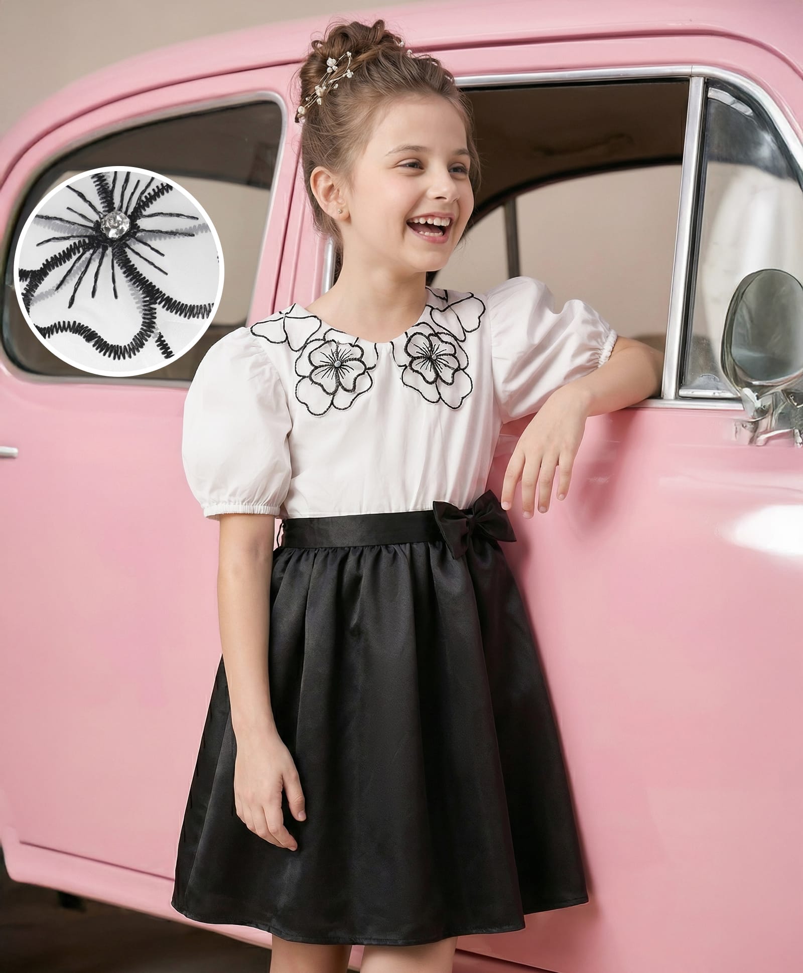 Hola Bonita Knit Half Sleeves Frock With Floral Embroidery & Bow Applique - Black & White-image-24