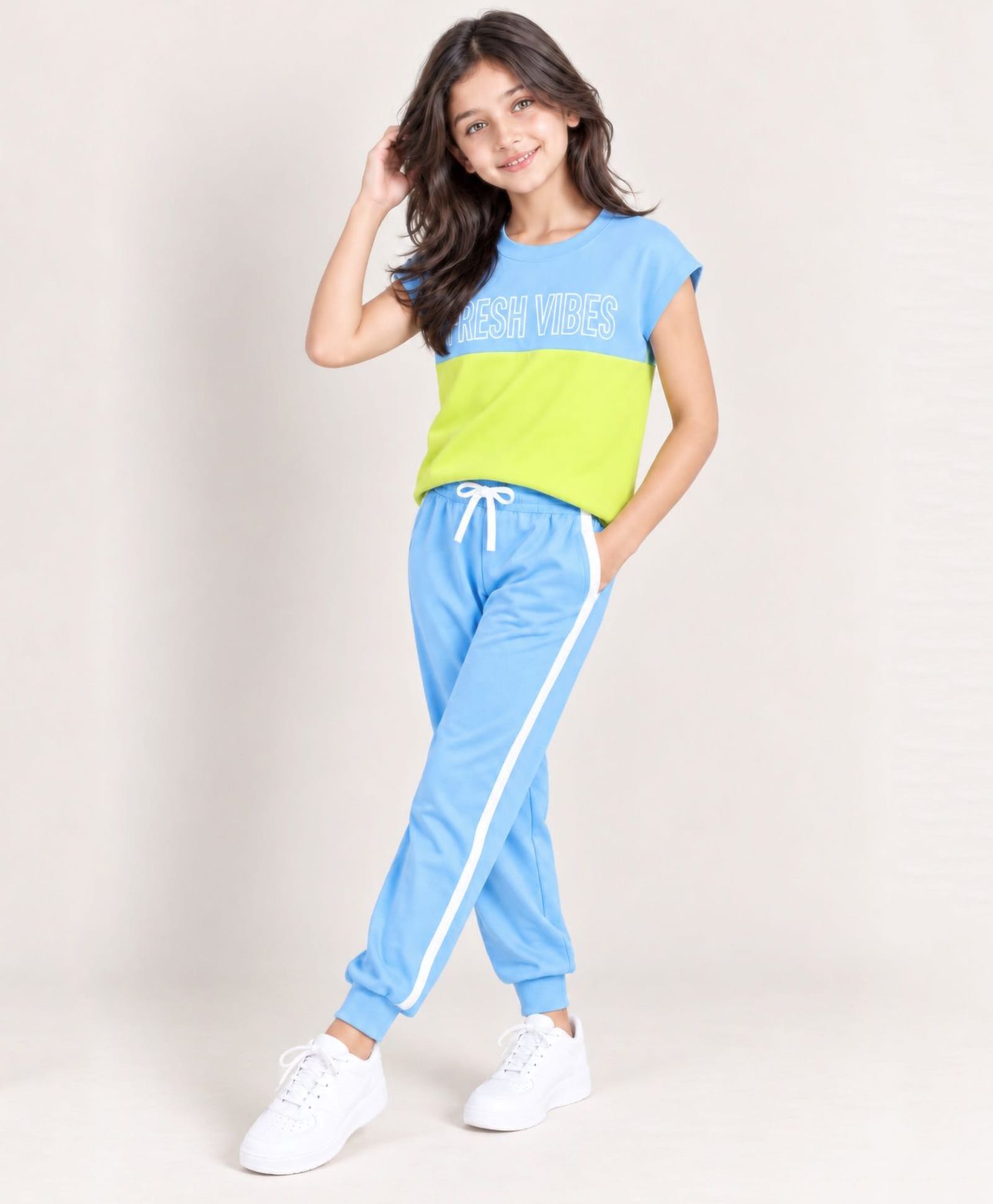 Bubble Berry Cotton Knit Half Sleeves Colour Blocked & Fresh Vibes Text Printed Tee & Joggers Set - Light Blue & Lime Green-picture-17