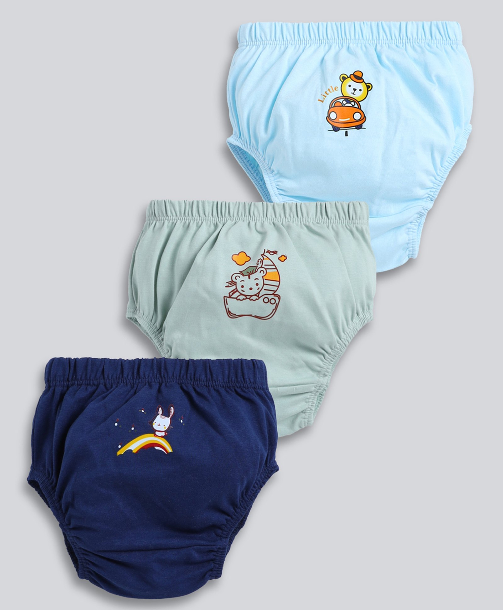 MOONKIDS Cotton Knit Pack Of 3 Baby Animals & Car Printed Bloomers - Olive Green Sky & Navy Blue-image-6