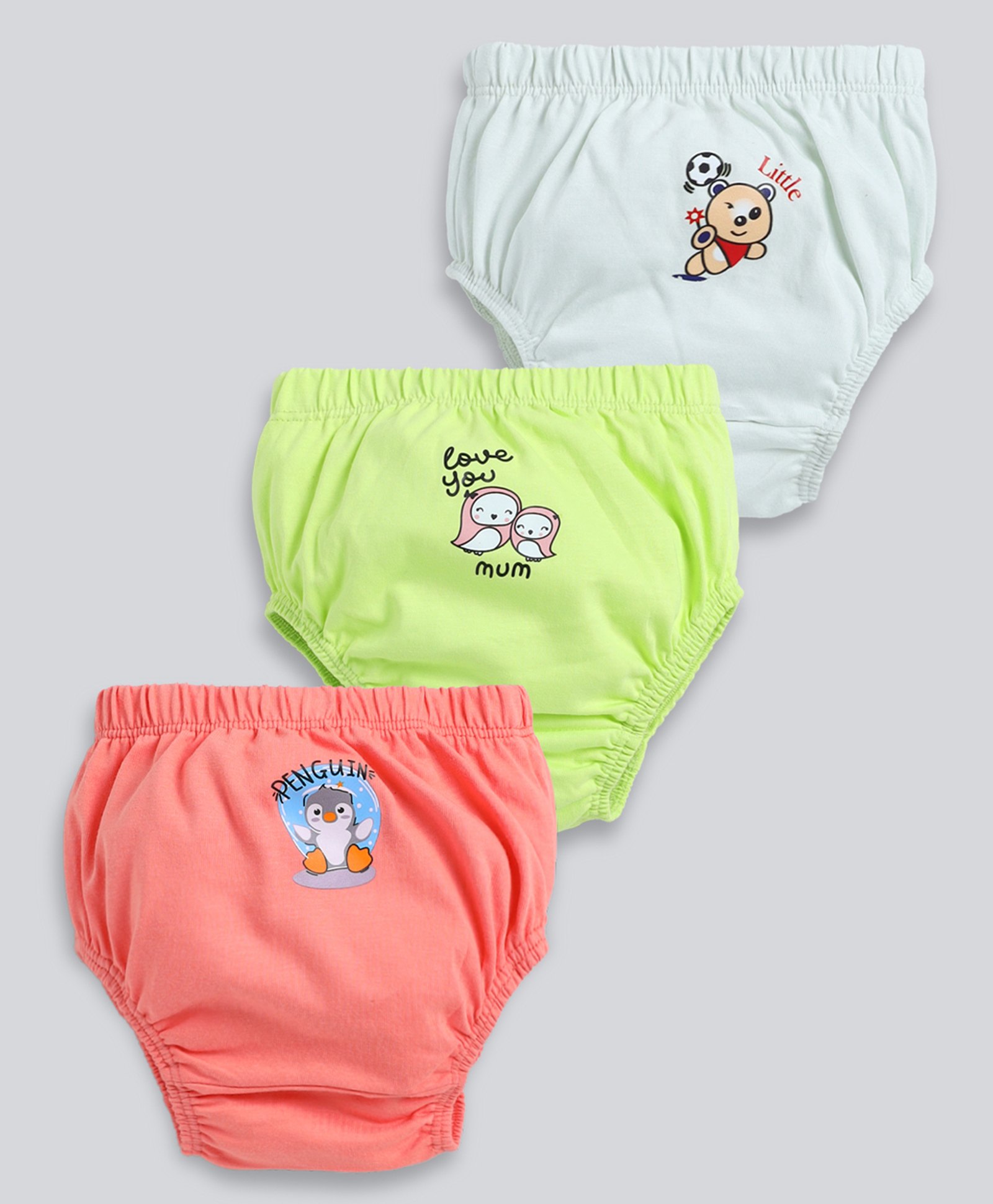 MOONKIDS Cotton Knit Pack Of 3 Baby Animals & Birds Printed Bloomers - Coral Beige & Green-image-18