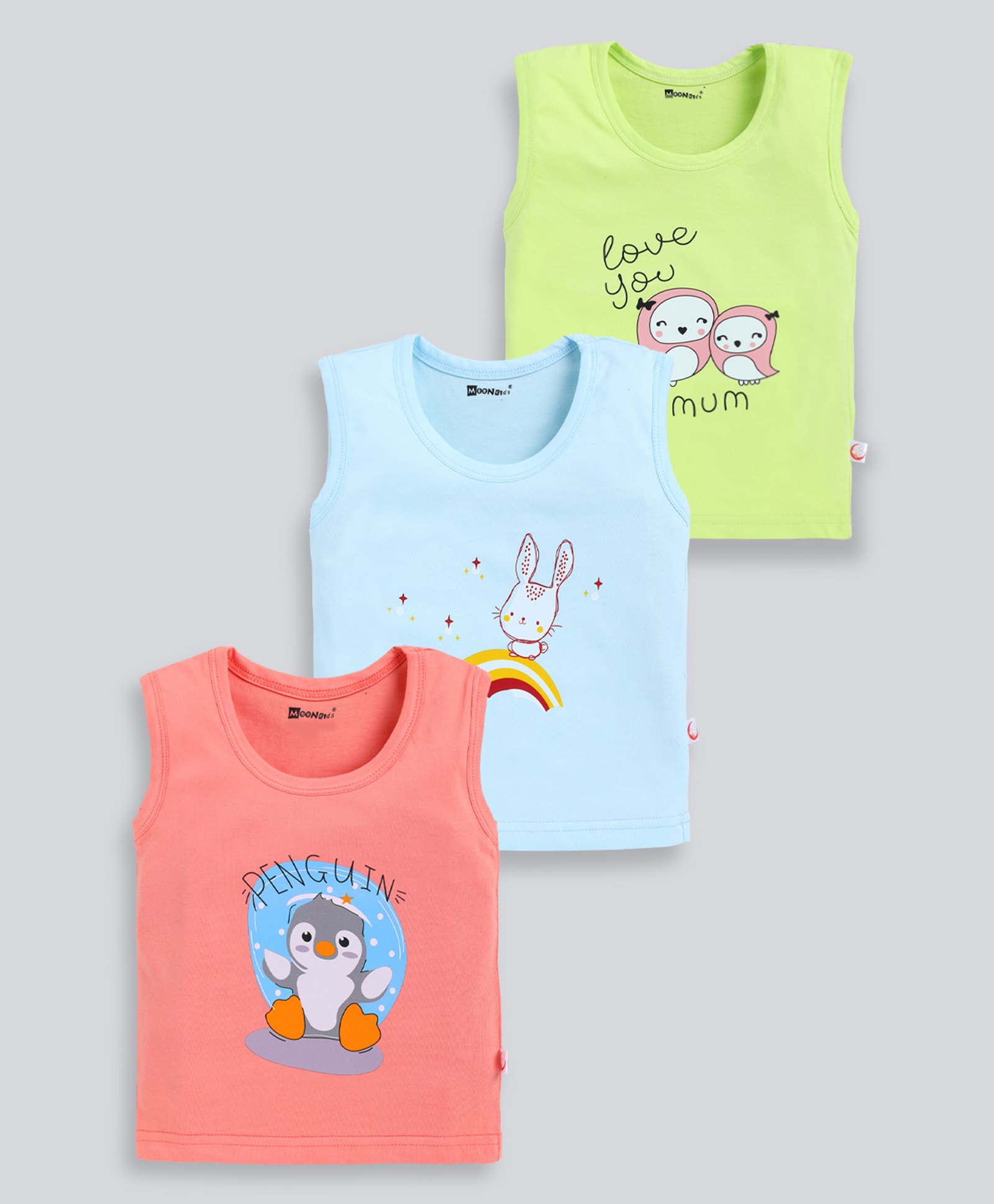 MOONKIDS Cotton Knit Pack Of 3 Sleeveless Baby Animals & Birds Printed Vests - Coral Sky Blue & Green-image-14