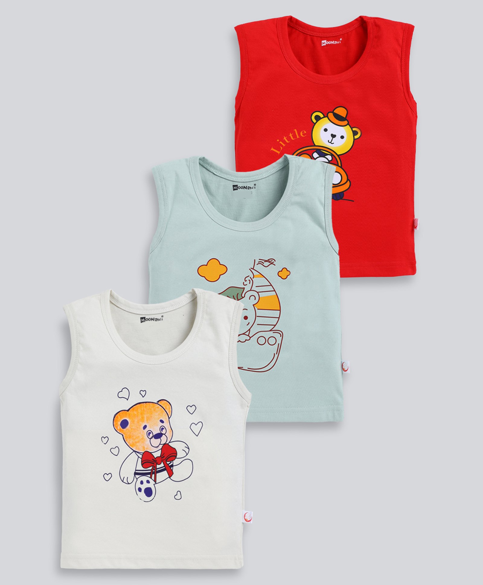MOONKIDS Cotton Knit Pack Of 3 Sleeveless Baby Animals & Car Printed Vests - Olive Green Red & Beige-image-15