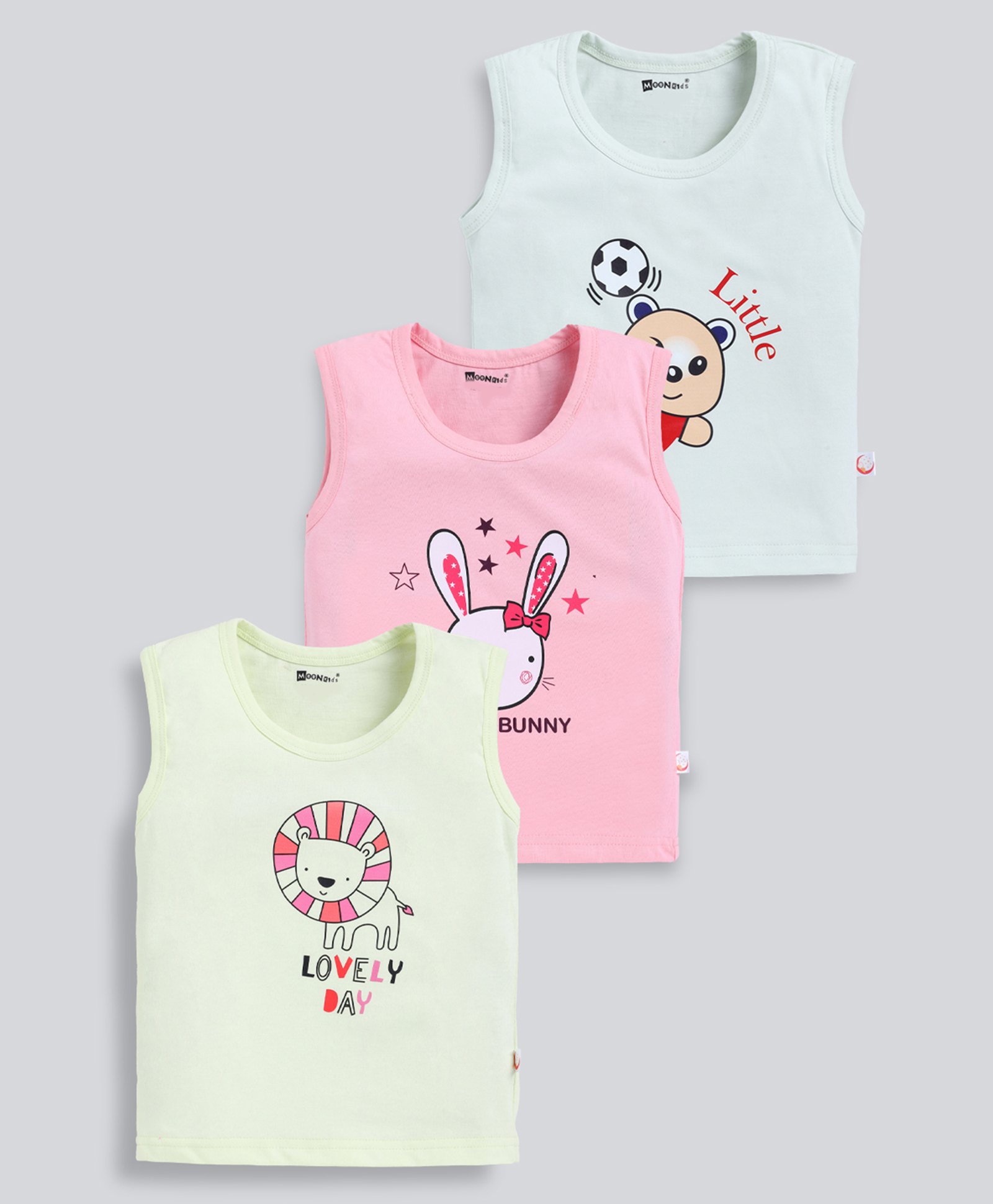 MOONKIDS Cotton Knit Pack Of 3 Sleeveless Baby Animals Printed Vests - Pink Lime & Light Pista-image-49
