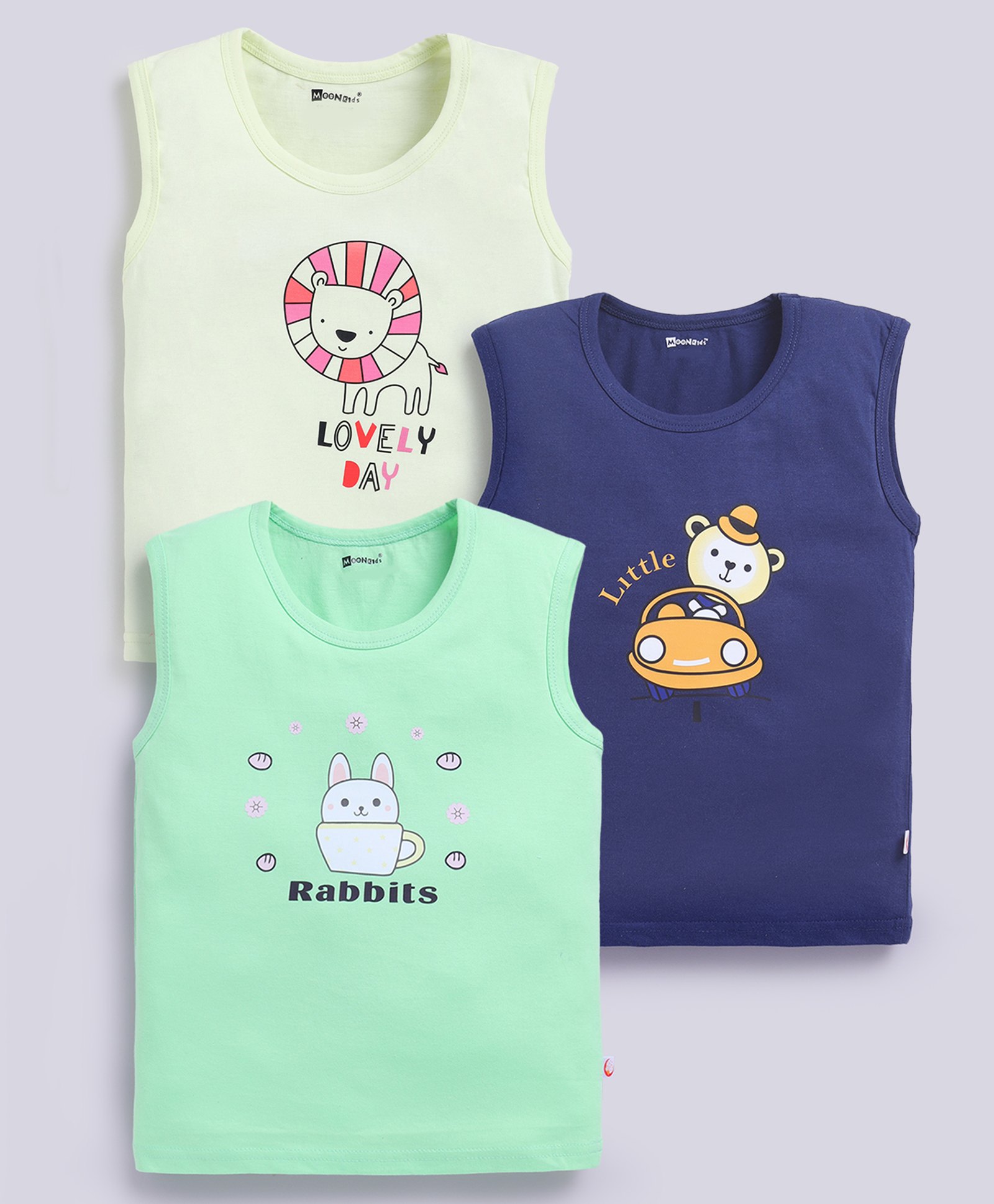 MOONKIDS Cotton Knit Pack Of 3 Sleeveless Baby Animals & Car Printed Vests - Mint Green Lime & Navy Blue-image-29