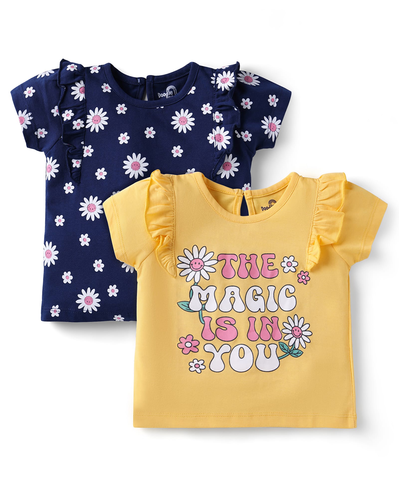 Doodle Poodle 100% Cotton Knit Half Sleeves Tops with Floral & Magic Is in You Text Print & Frill Detailing Pack of 2 - Navy Blue & Yellow-picture-2