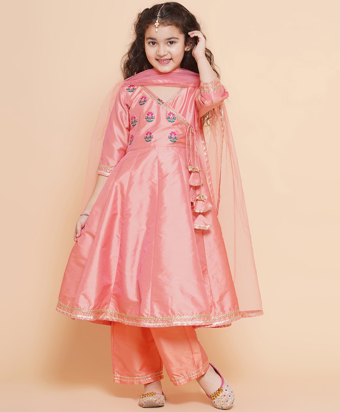 Bitiya By Bhama Silk Woven Three Fourth Sleeves Placement Embroidered Anarkali & Palazzo & Dupatta Set - Peach-image-32