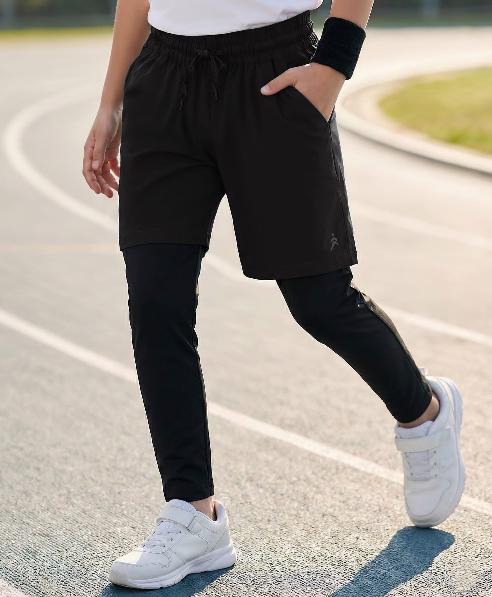 Pine Active Woven Solid Athletic Shorts with Full Length Tights - Black