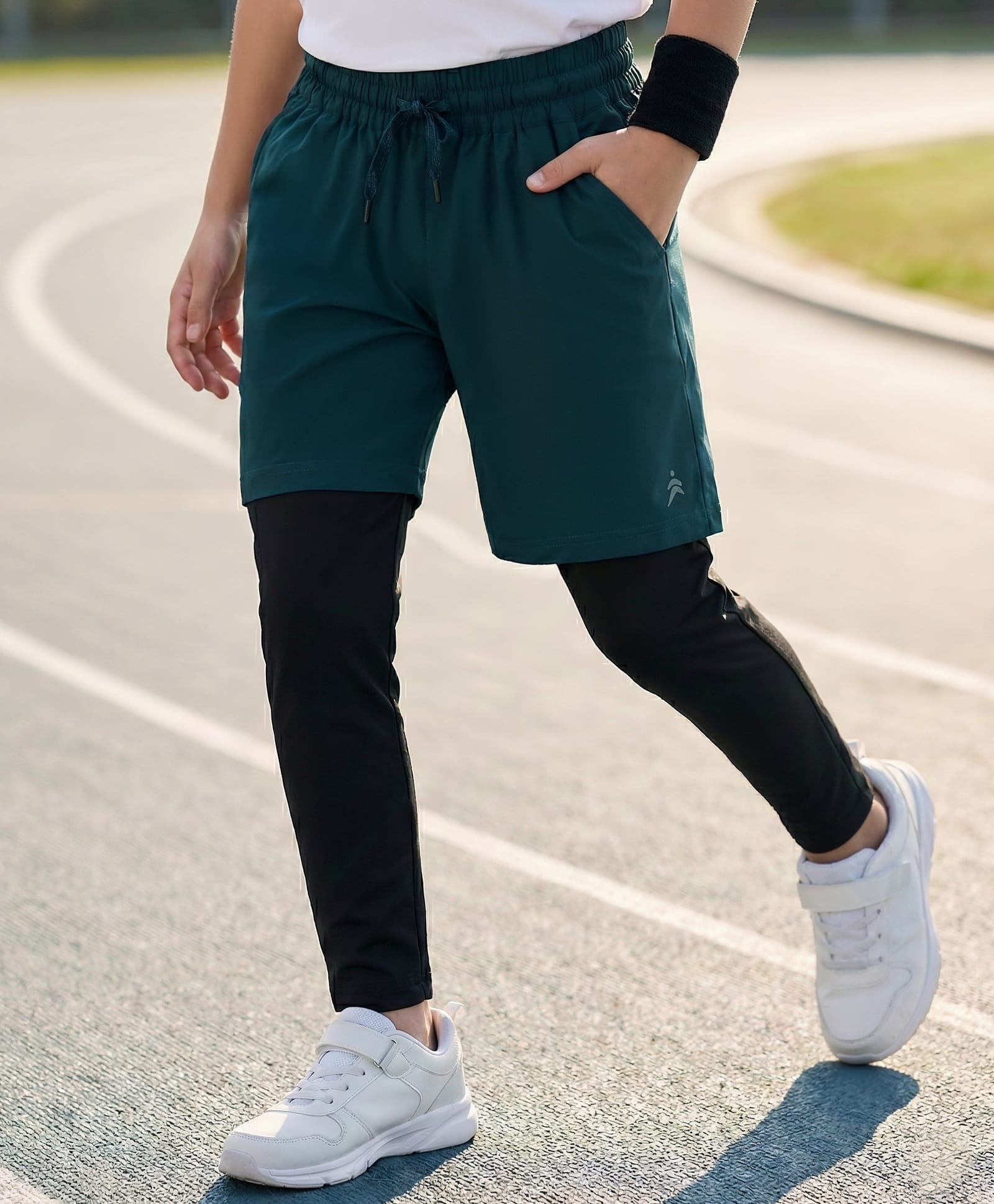 Pine Active Woven Solid Color Athletic Shorts with Full Length Tights - Teal Blue-picture-24