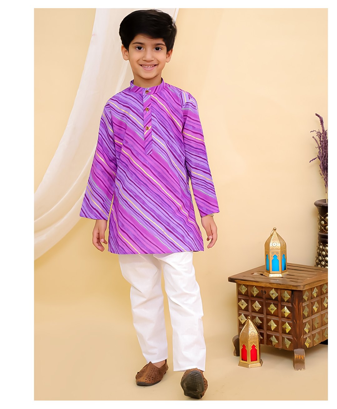 Superminis Cotton Woven Full Sleeves Lehariya Printed Kurta Pyjama Set - Purple-picture-10