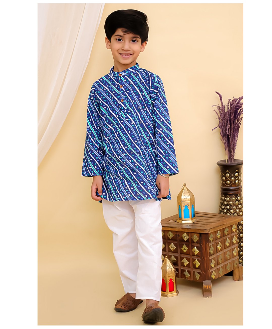 Superminis Cotton Woven Full Sleeves Lehariya Printed & Bandhani Designed Kurta Pyjama Set - Blue-picture-13