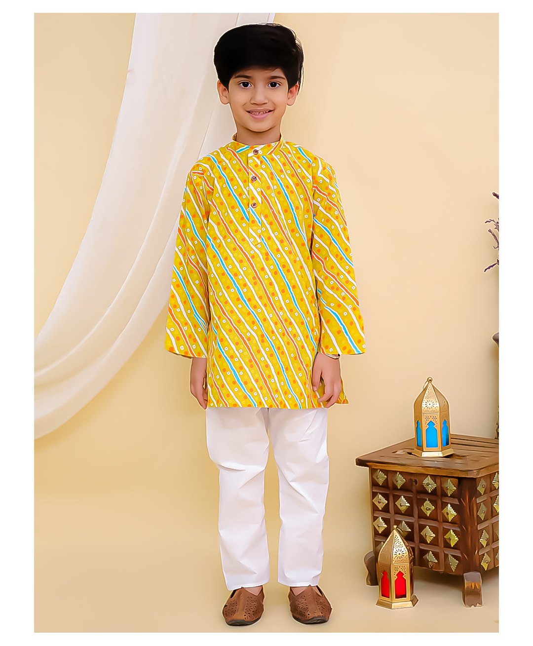 Superminis Cotton Woven Full Sleeves Lehariya Printed & Bandhani Designed Kurta Pyjama Set - Mustard-picture-24