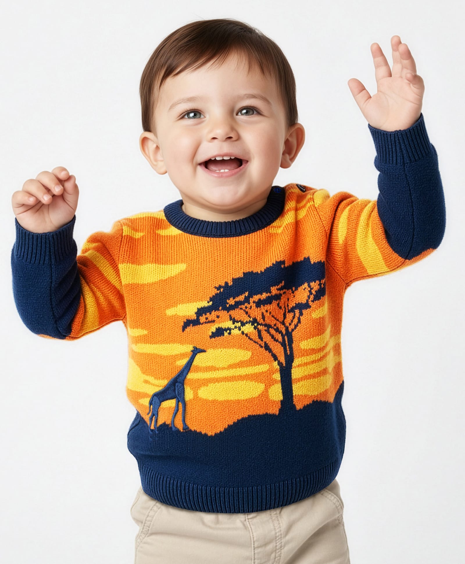 Babyoye Knitted Full Sleeves Pullover Sweater With Giraffe Embroidery - Orange & Navy Blue-image-48