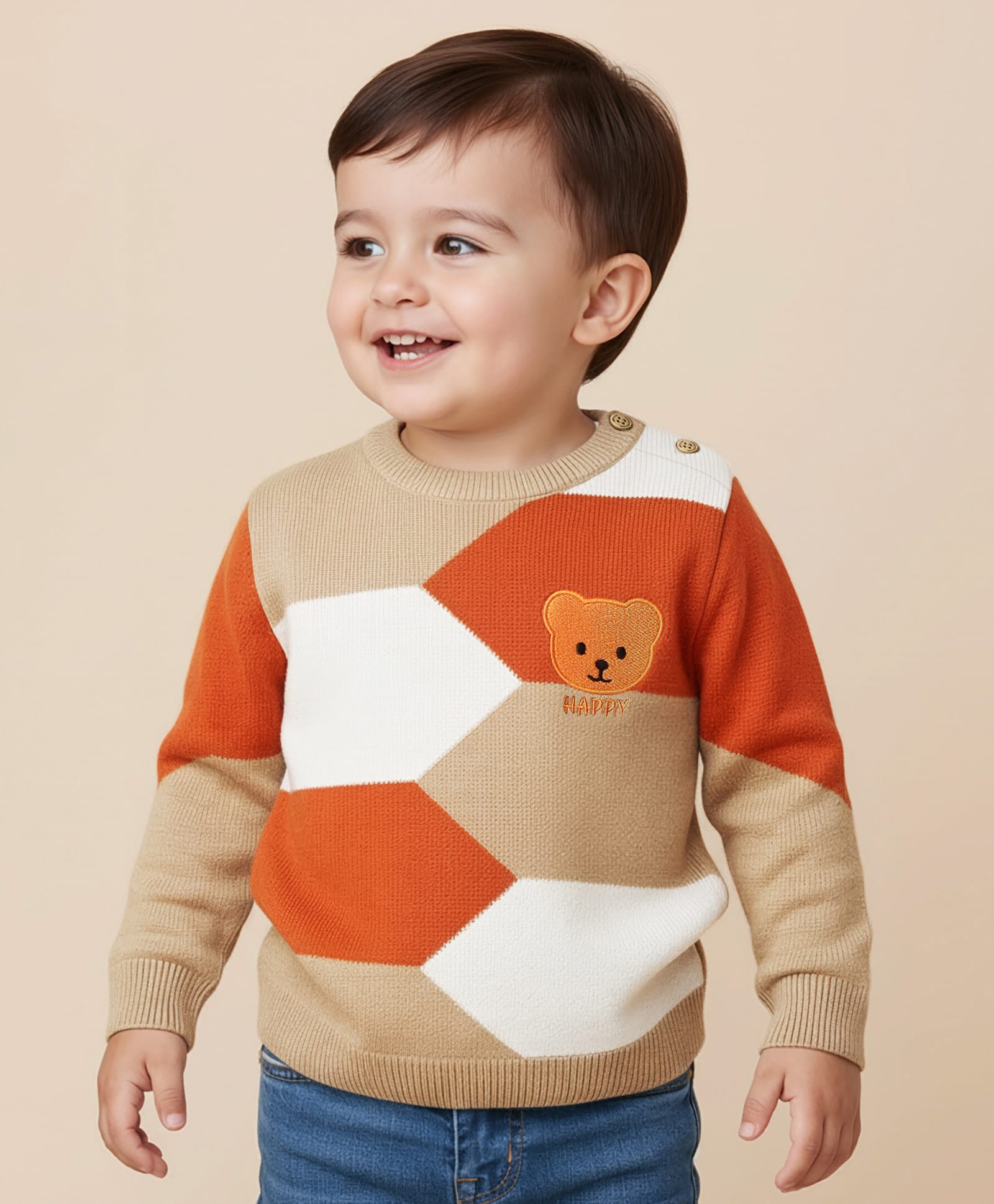 Babyoye Cotton Knit Full Sleeves Color Block Pullover with Bear Embroidery - Multicolor-image-40