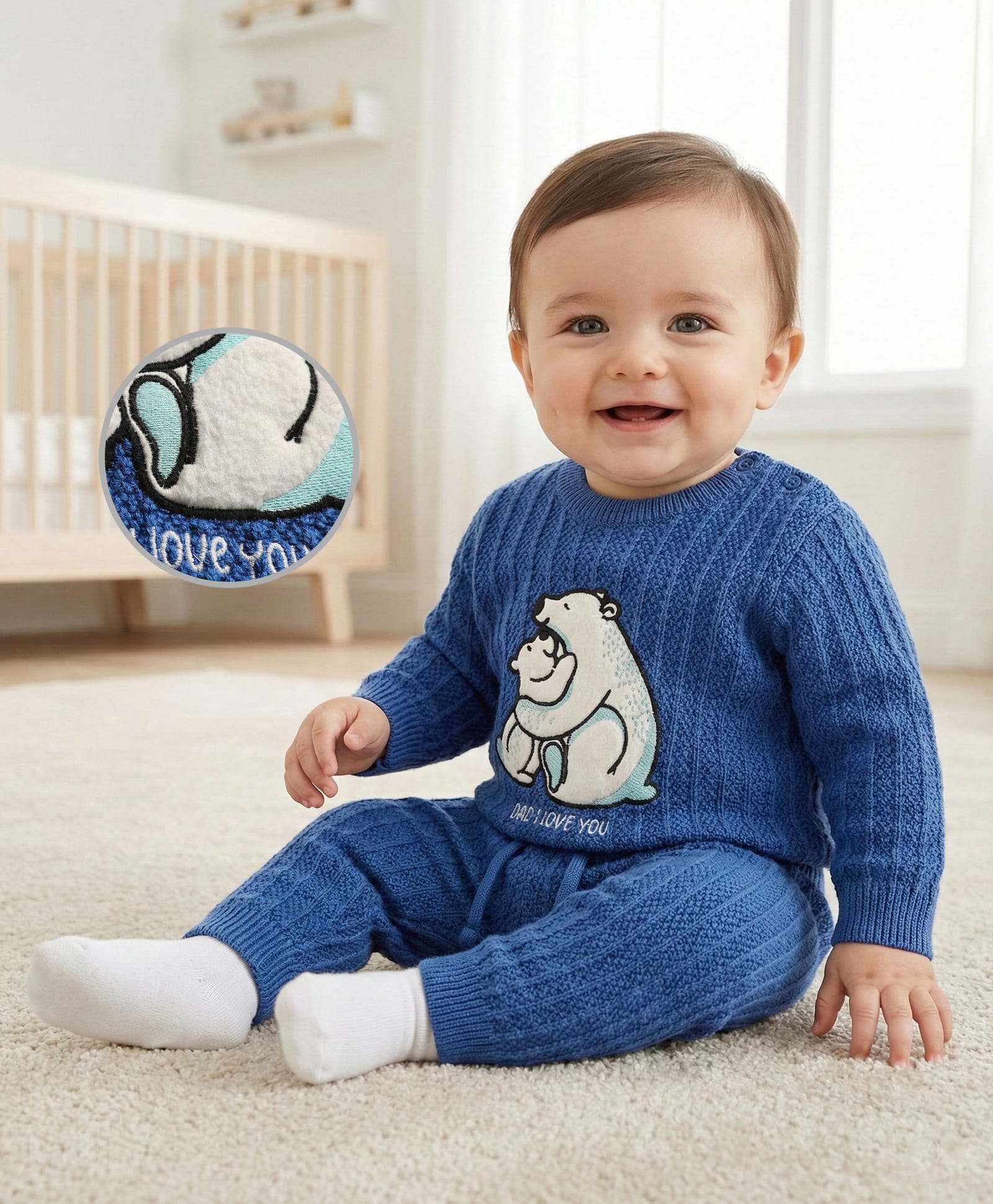 Babyoye Cotton Knit Full Sleeves Embroided Baby Sweater Set with Animal Design - Blue-picture-14