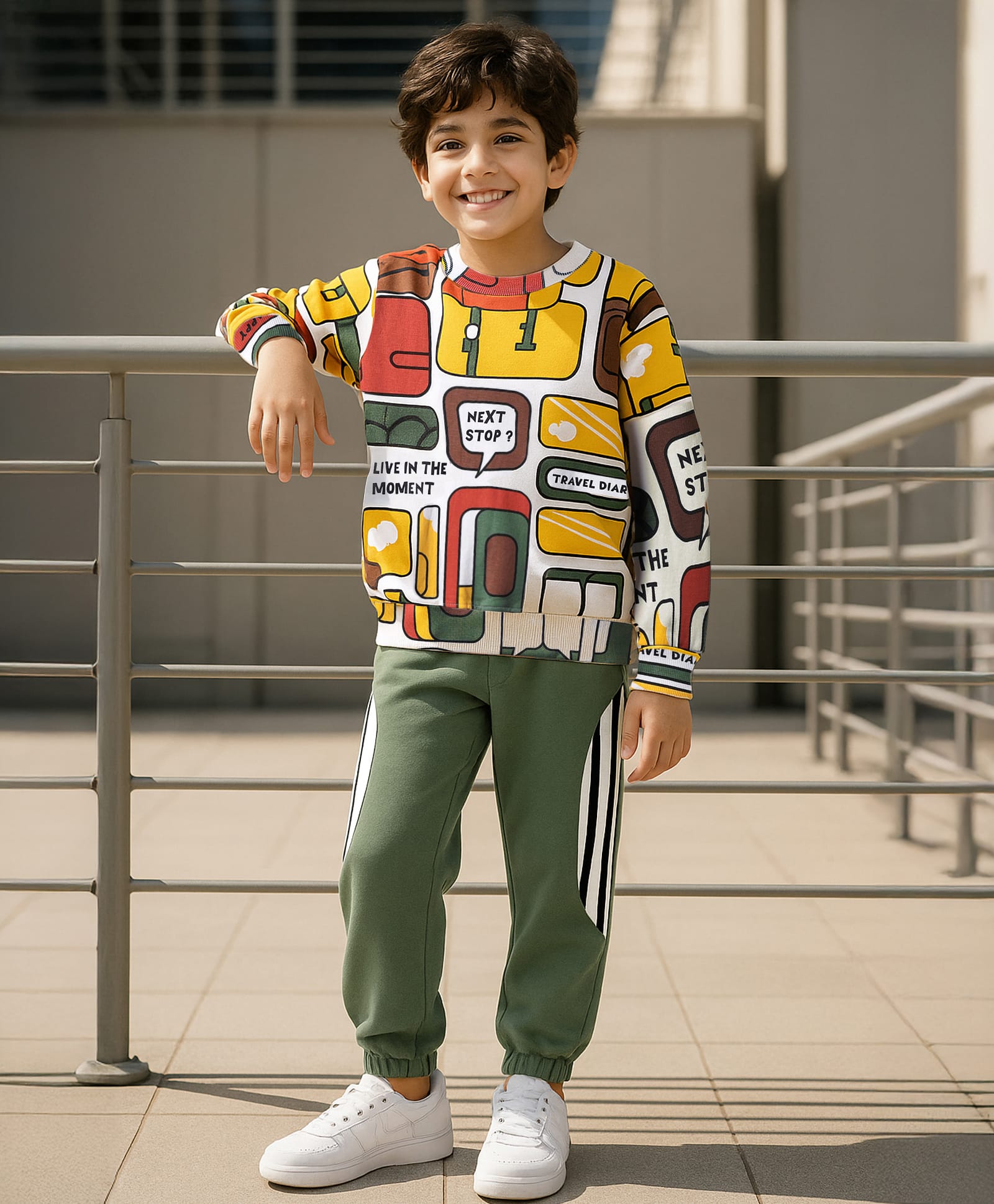 OLLINGTON ST. Cotton Full Sleeves Sweatshirt With Print & Knit Joggers Set - Green-image-24