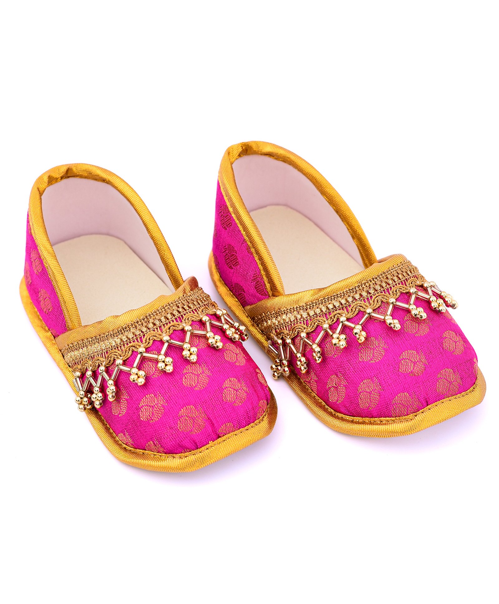 Daizy Lace Embellished Floral Foil Designed Slip On Mojaris - Fuchsia & Golden