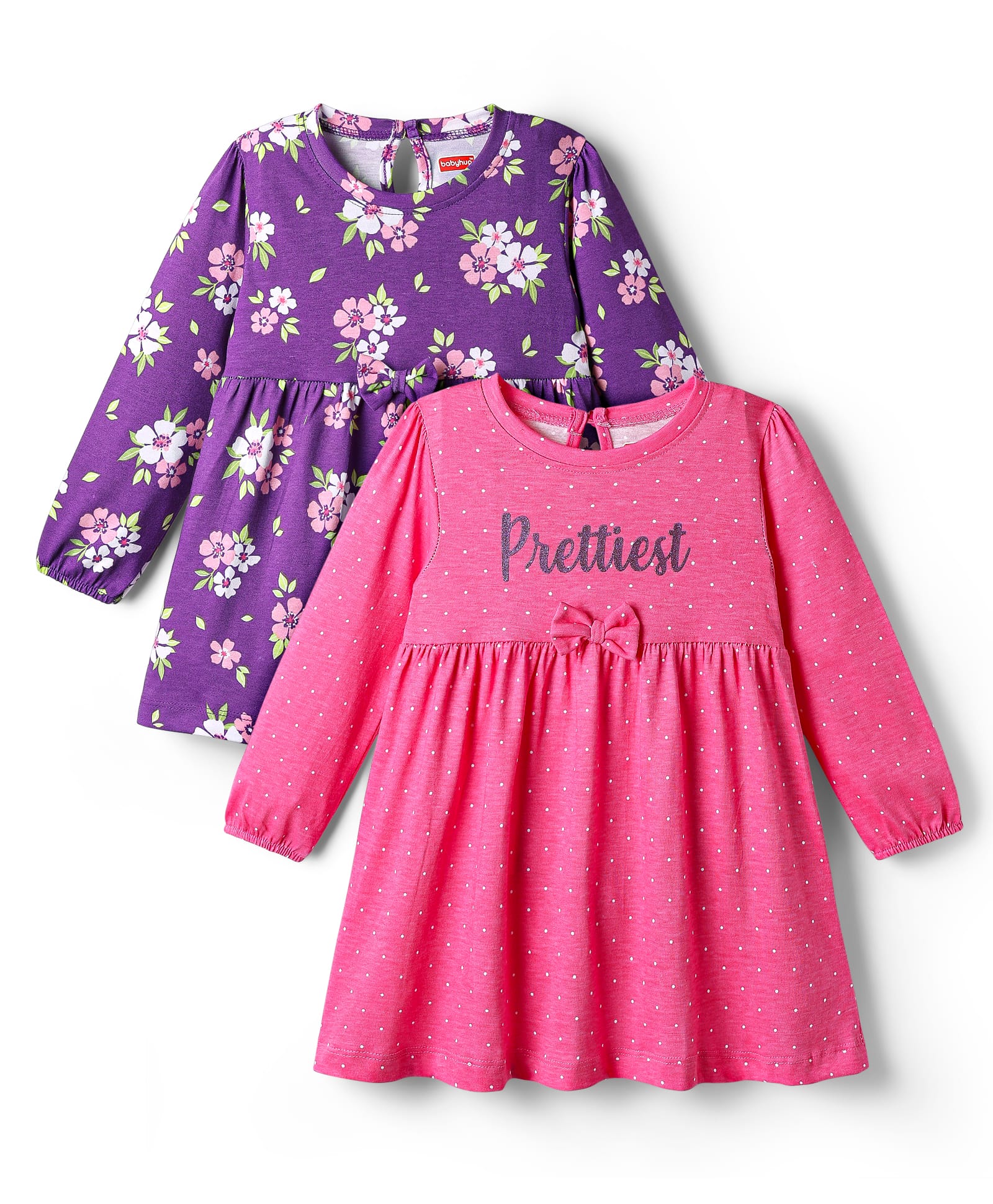 Babyhug Single Jersey Knit Three Forth Sleeves Floral & Polka Dots Printed Frocks With Bow Applique Pack Of 2 - Pink & Purple-picture-23