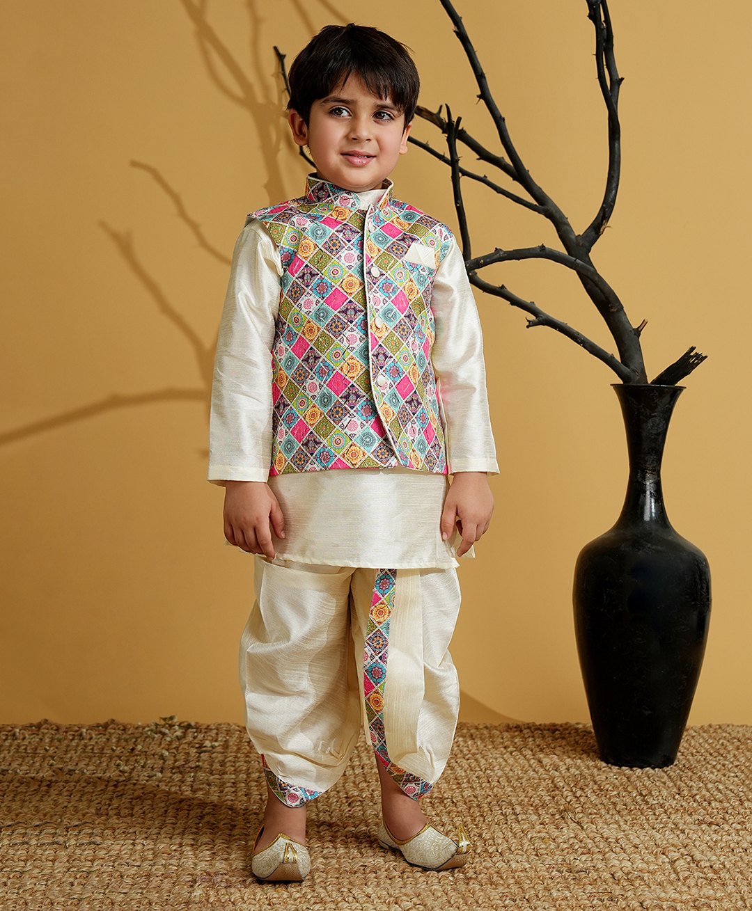 AJ Dezines Silk Blend Woven Full Sleeves Solid Kurta & Dhoti With Ethnic Printed Jacket Set - Multi Colour-image-6