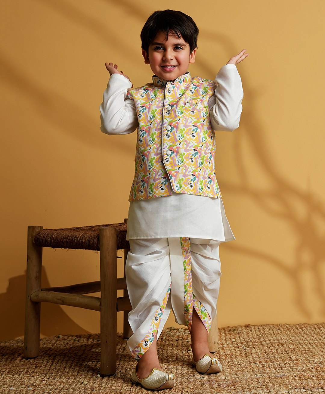 AJ Dezines Silk Blend Woven Full Sleeves Solid Kurta & Dhoti With Floral Printed Jacket Set - Yellow-image-36
