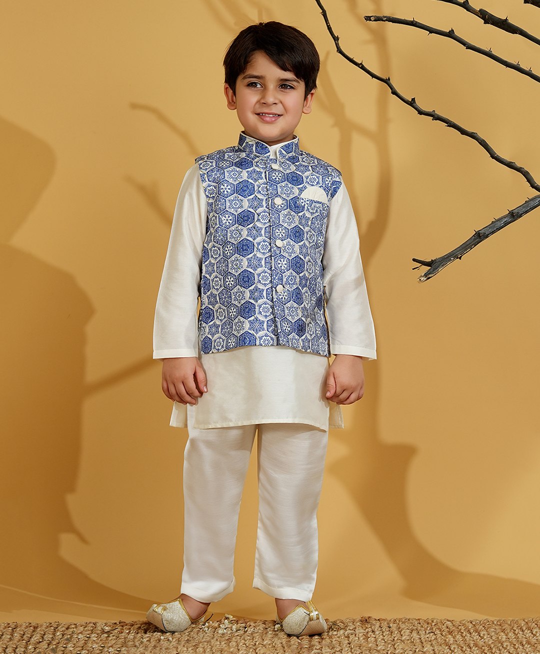 AJ Dezines Silk Blend Woven Full Sleeves Solid Kurta & Pyjama WIth Floral Ethnic Motif Printed Waistcoat Set - Blue-picture-33