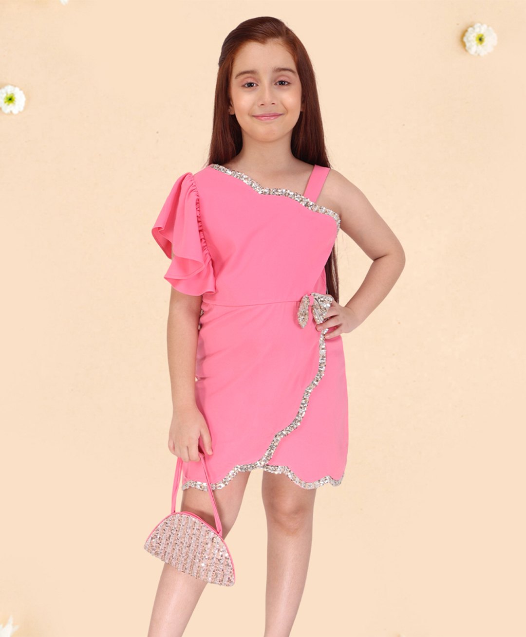 Cutecumber Woven One Shoulder Flutter Sleeves Sequins Embellished & Bow Applique Detailed Dress With Sling Bag Set - Coral Pink-picture-12