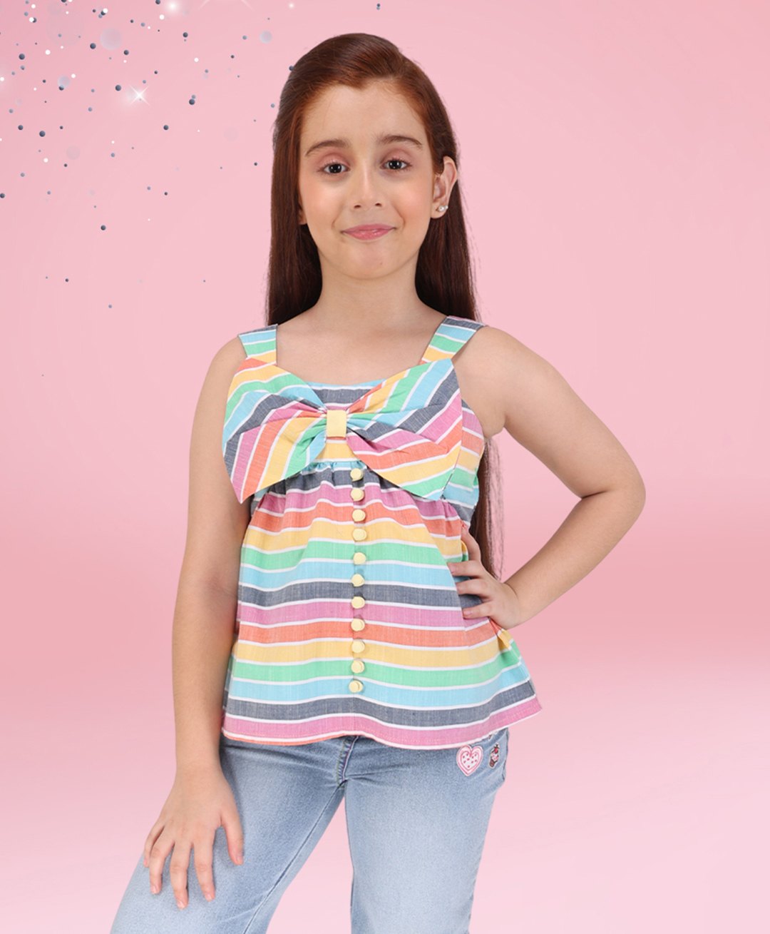 Cutecumber Cotton Woven Sleeveless Striped & Bow Applique Detailed Top - Multi Colour-image-12