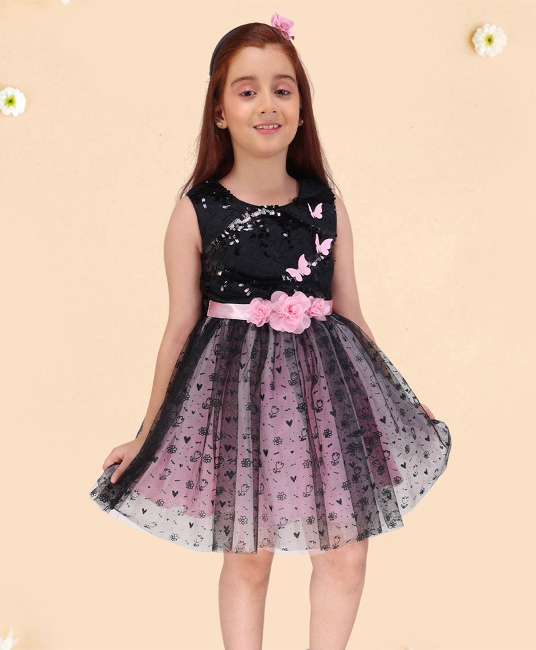 Cutecumber Woven Sleeveless Floral & Butterfly Applique Detailed Dress - Black-image-24