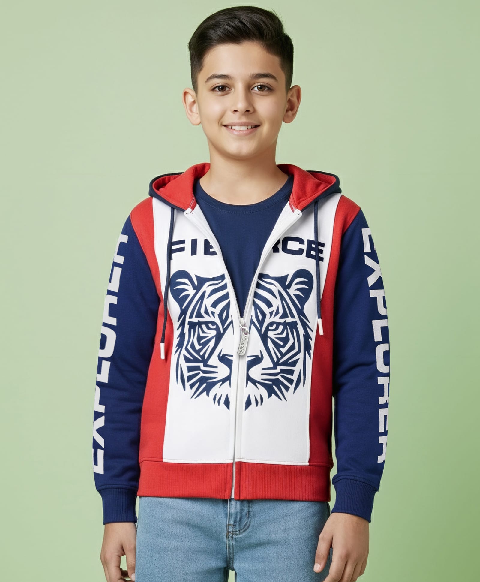 Pine Kids Cotton Knit Full Sleeves Hooded Sweatjacket With Tiger Print - Multicolor-picture-37