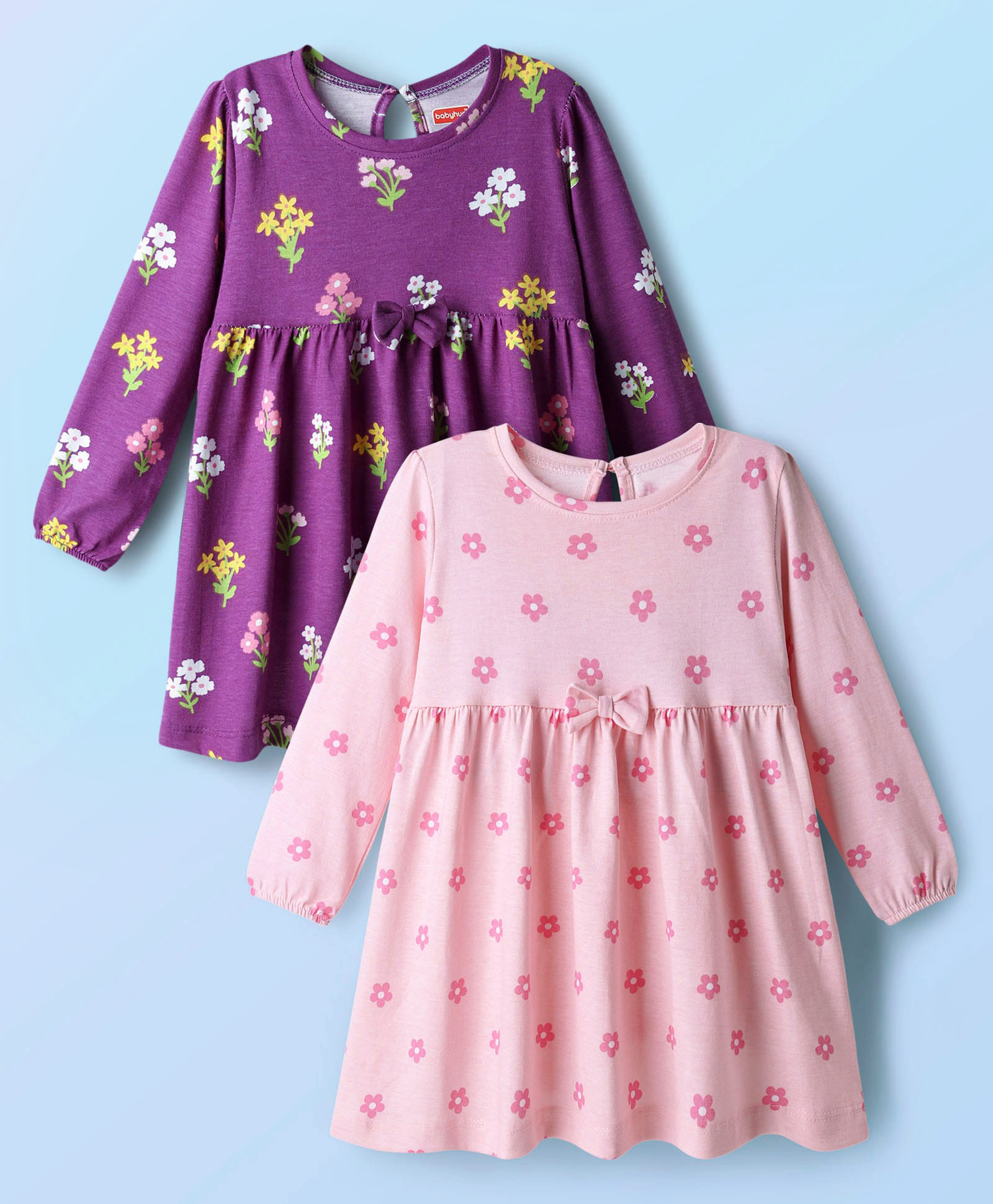 Babyhug Single Jersey Knit Full Sleeves Frock With Floral Print & Bow Applique Pack Of 2 - Purple & Pink-picture-38