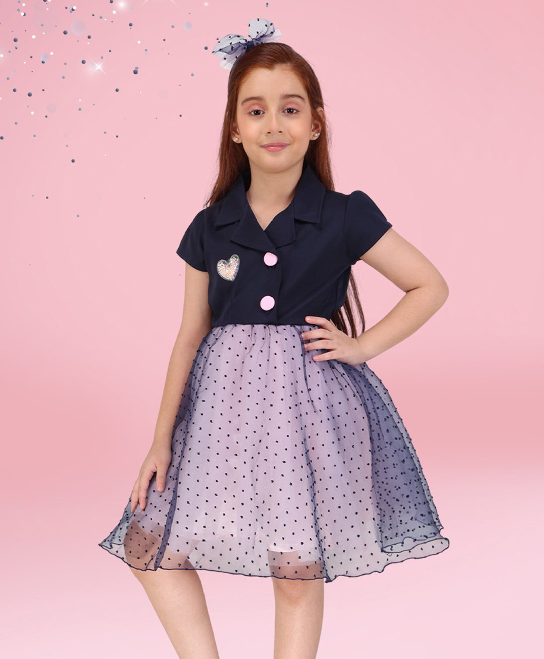 Cutecumber Knit Half Sleeves Polka Dots Printed & Heart Applique Detailed Dress - Navy Blue-image-43