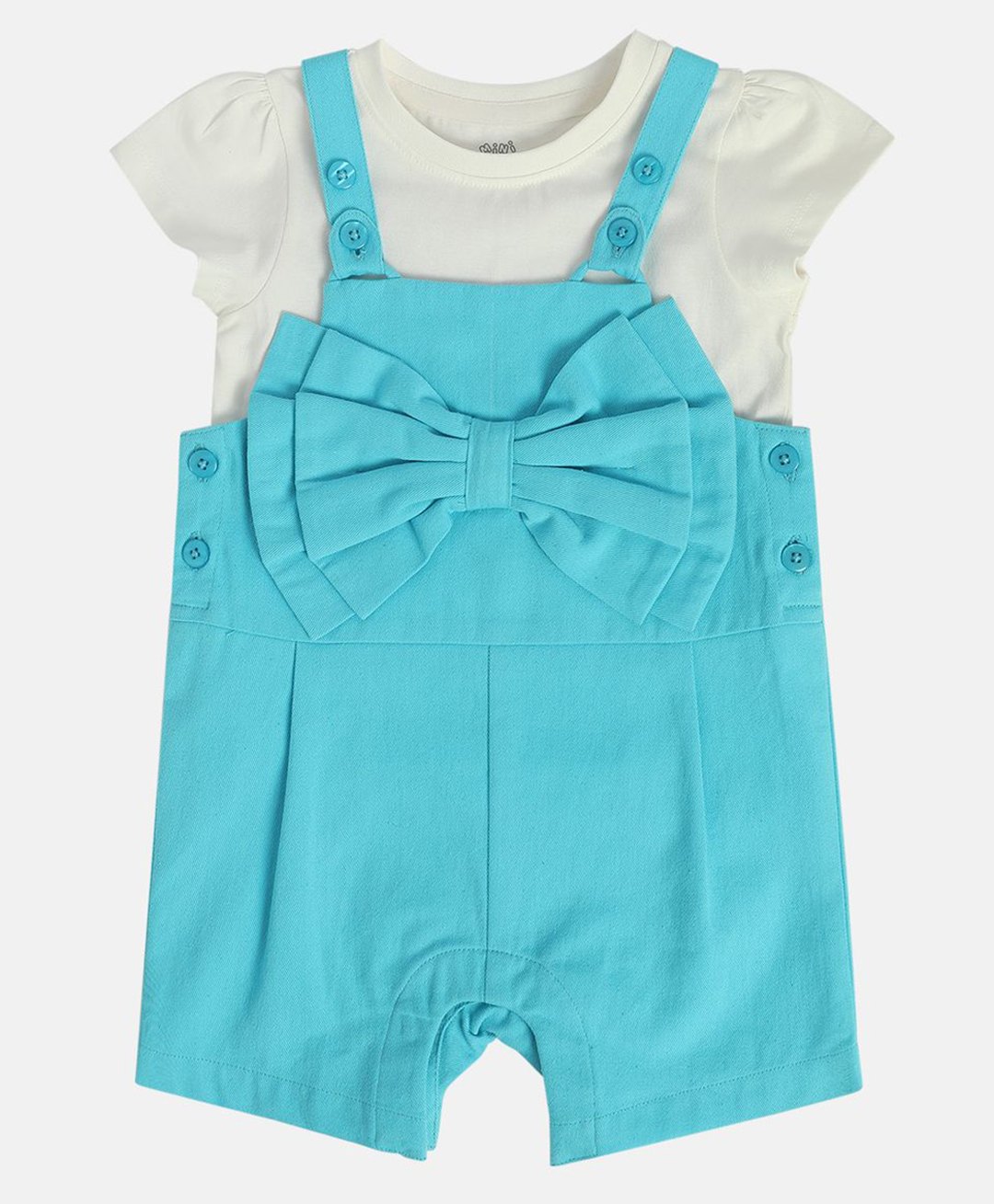 MINI KLUB Cotton Knit Bow Applique Detailed Dungaree With Cap Sleeves Top - Blue-picture-11