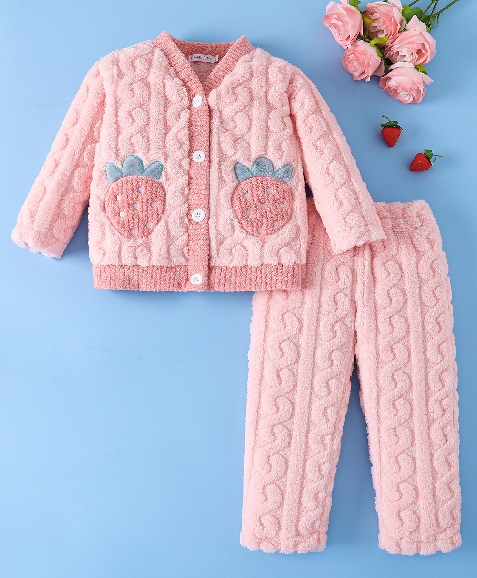 Mark & Mia Full Sleeves Front Open Winter Wear Night Suit with Cable Knit Quilt & Strawberry Design - Pink-image-32