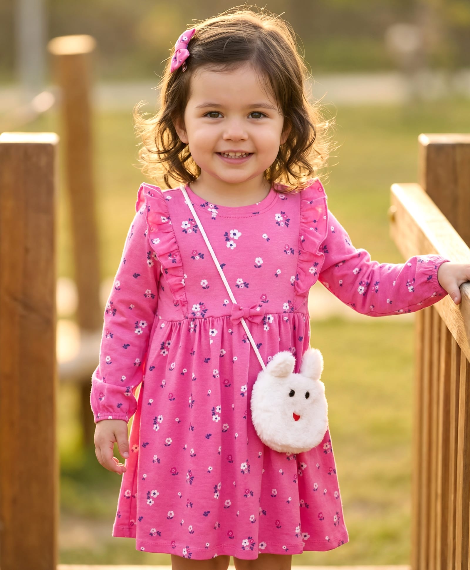 Babyhug Single Jersey Knit Full Sleeves Frock With Bow & Floral Print - Pink-picture-16