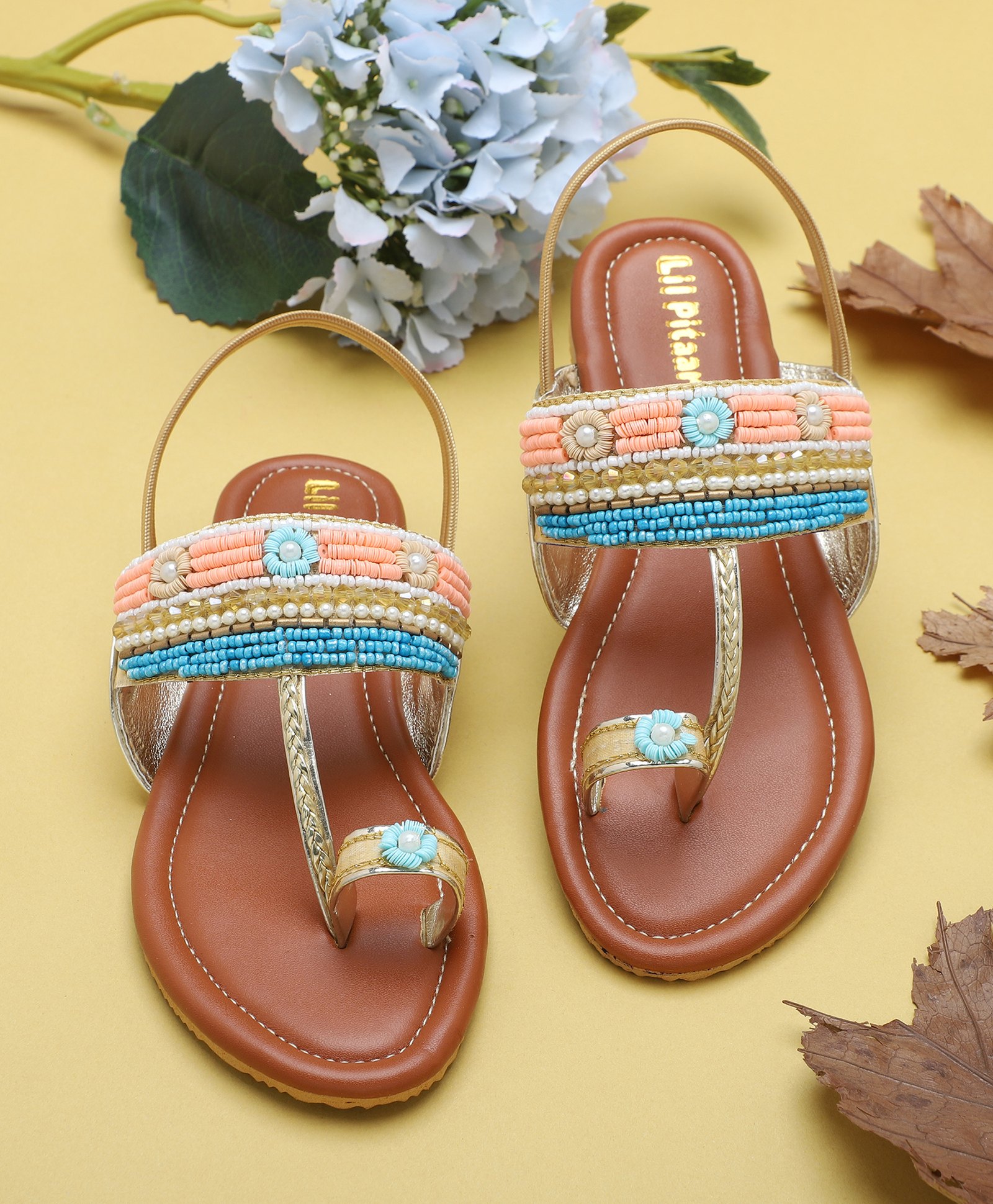 LIL PITAARA Beads Embellished Zari Kolhapuri Sandals - Tan-picture-22