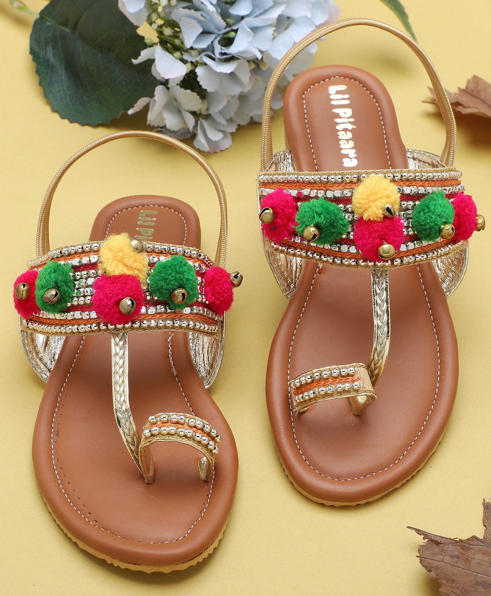 lil pitaara beads embellished pom pom detailed zari kolhapuri sandals - tan