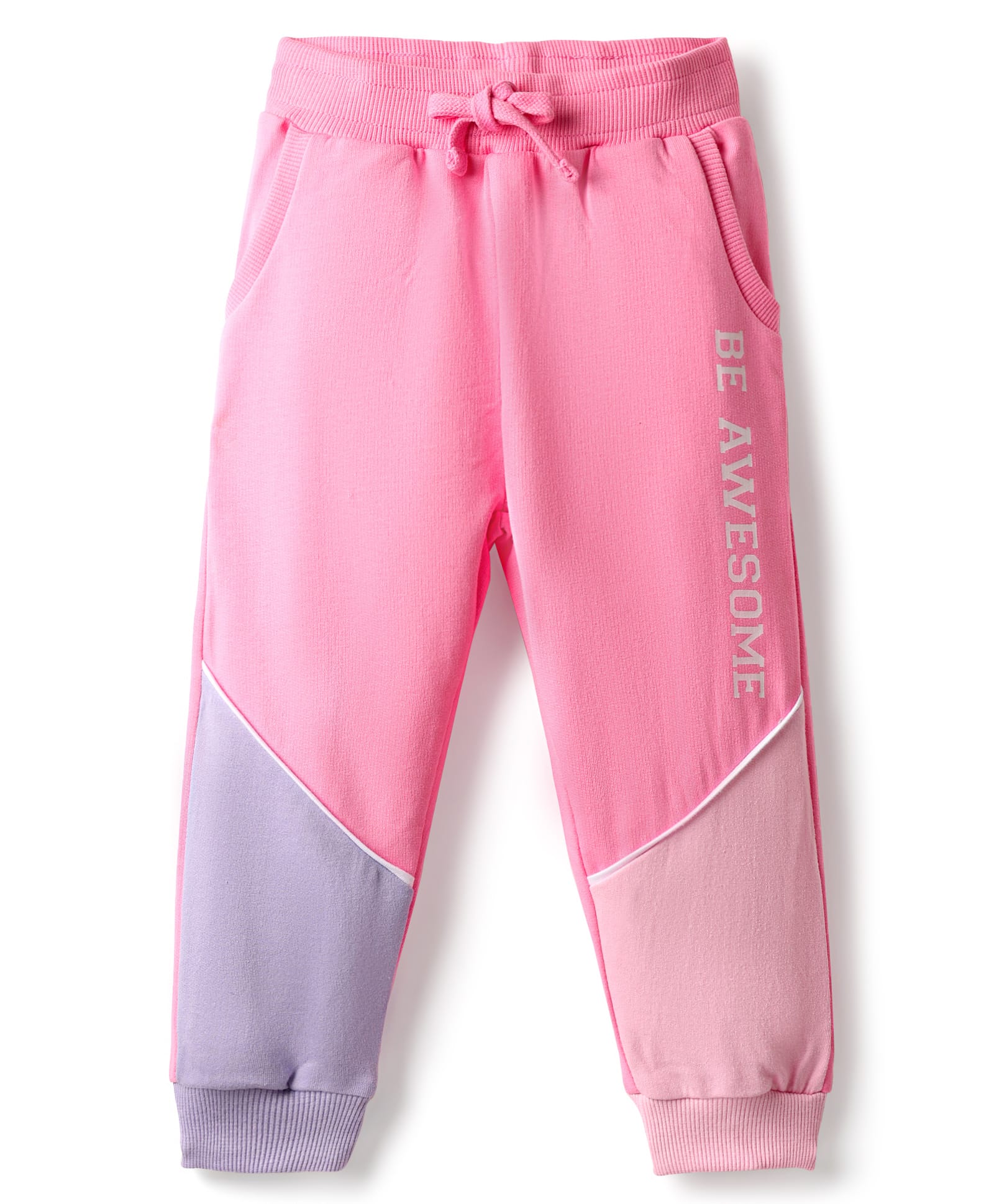 Babyhug Terry Full Length Lounge Pants with Pockets & Be Awesome Text Print - Pink-image-22