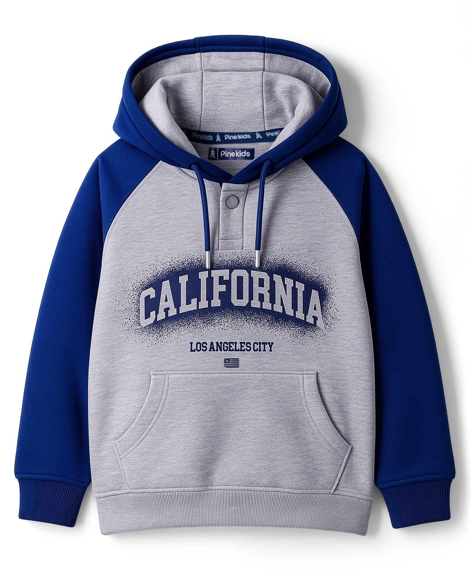 Pine Kids Cotton Knit Full Raglan Sleeves Hooded Sweatshirt With California Print & Kangaroo Pockets - Light Grey & Blue-picture-12
