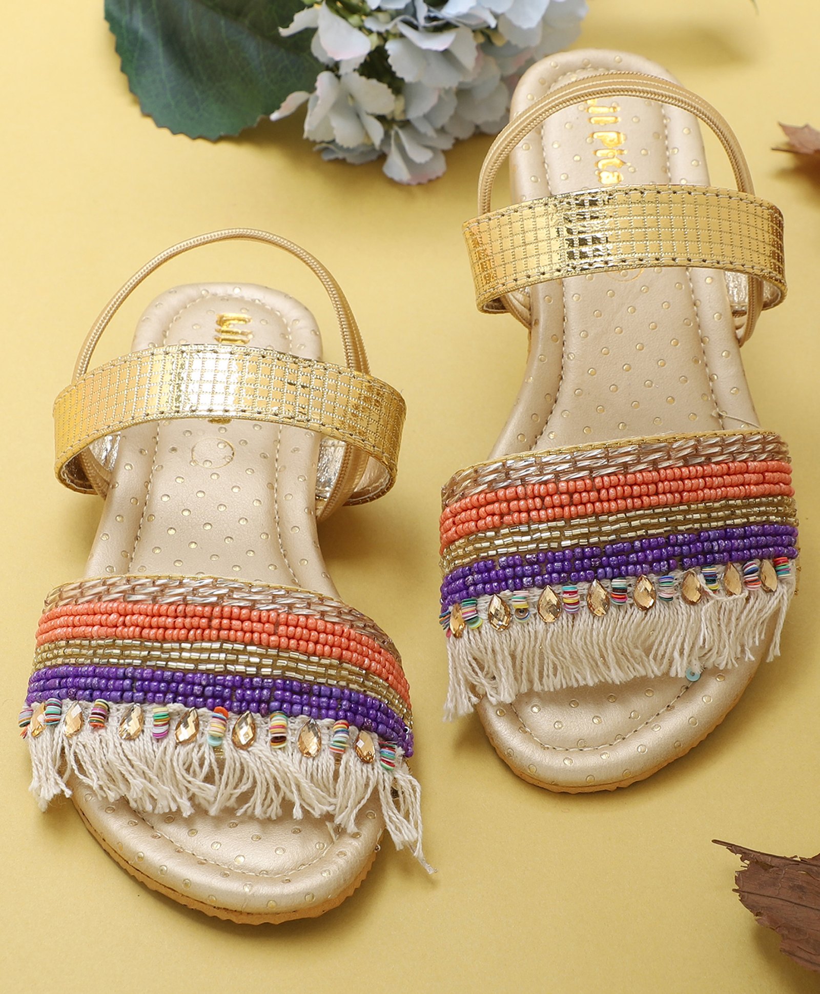 LIL PITAARA Beads Embellished Zari Sandals - Gold-picture-19