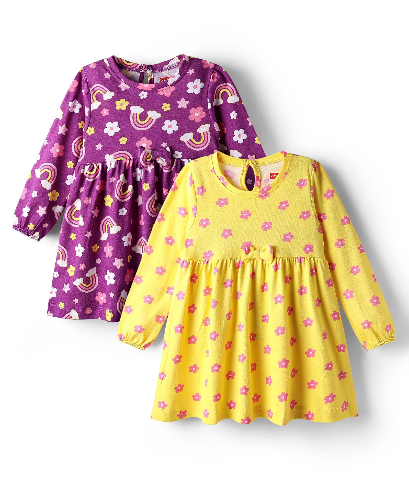Babyhug Single Jersey Knit Three Forth Sleeves Floral & Rainbow Printed Frocks Pack Of 2 - Purple & Yellow-image-31