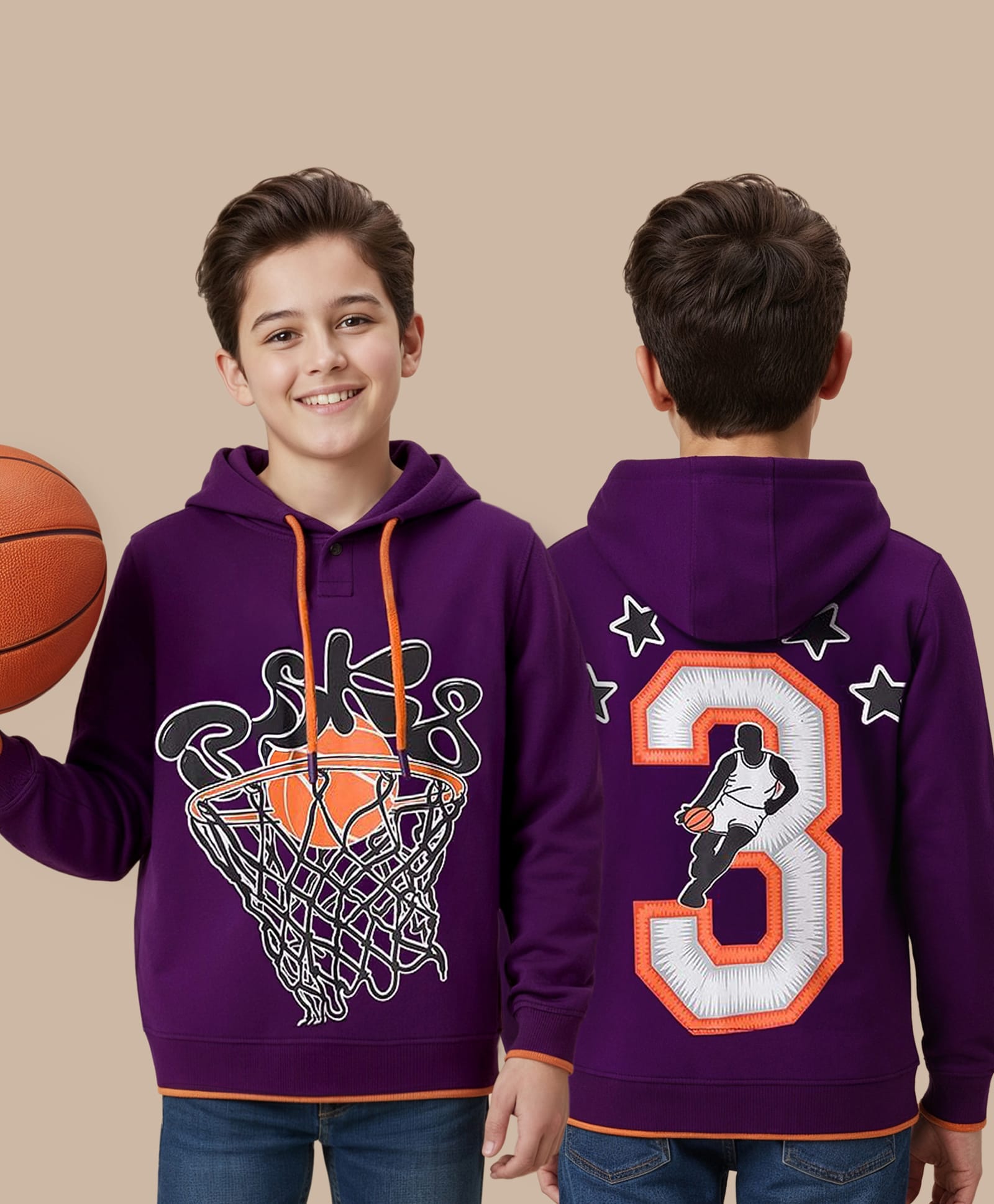 Pine Kids Cotton Knit Full Sleeves Hooded Sweatshirt With Front & Back Basketball Print - Purple-picture-39